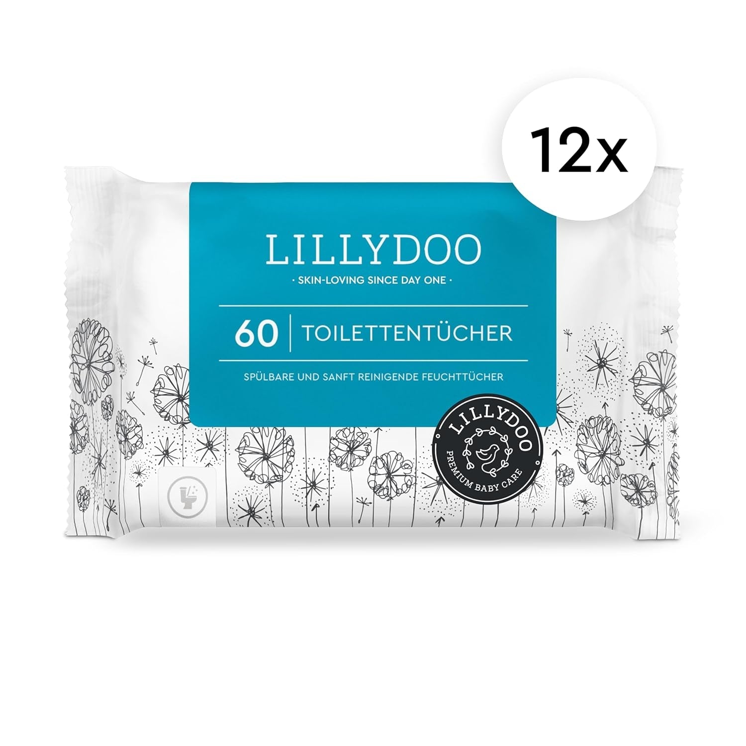 LILLYDOO Toalettvåtservetter 720 st (12 x 60) 100 % plastfria spolbara våtservetter Doftfria