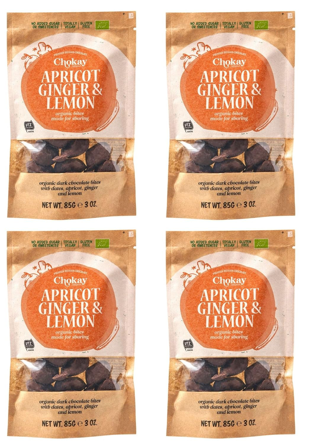 Set med 4 ekologiska bites - kanelmandlar/kanelmandlar i belgisk mörk choklad/utan tillsatt socker, inga sötningsmedel/VEGAN & FAIR TRADE / 4 x 85g