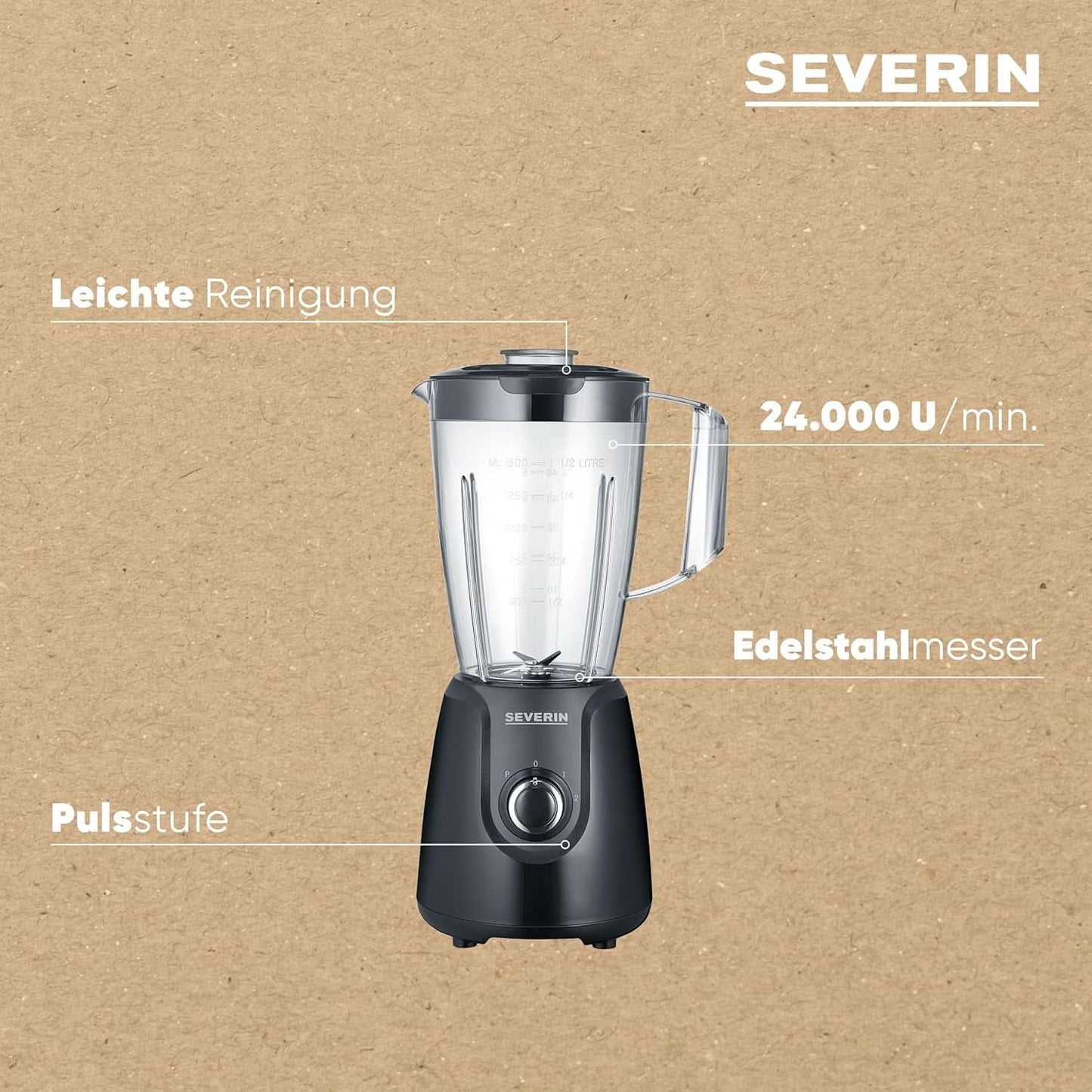 SEVERIN Standmixer Mit 1,5 L Mixbehälter Aus Tritan, Mixer Mit 2 Stufen Und Pulse-Funktion, Leistungsstarker Küchenmixer Mit Edelstahlmesser, 600 W, Schwarz, SM 3707 Kitchen Naty Shop