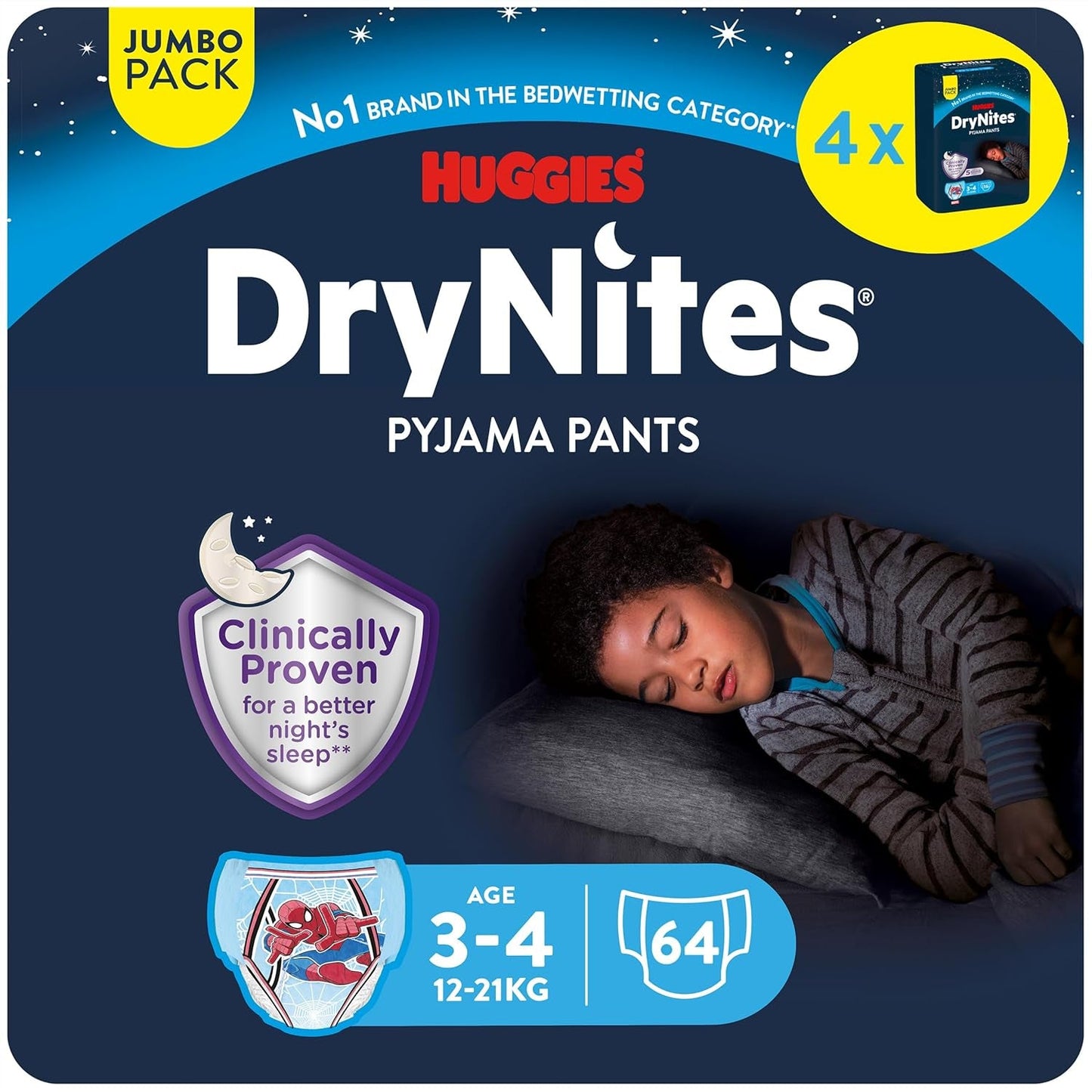 DryNites Absorberande sängvätningsblöjor för pojkar 4-7 år (17-30 kg), Jumbo månadspaket, 64