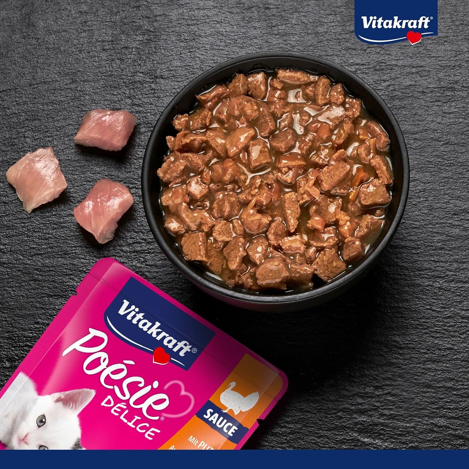 Vitakraft Poésie Délice, Junior, Våtfoder för katter, Våtfoder i sås, med kalkon, Multipack, för unga katter, Inget tillsatt socker eller spannmål (23 x 85g)