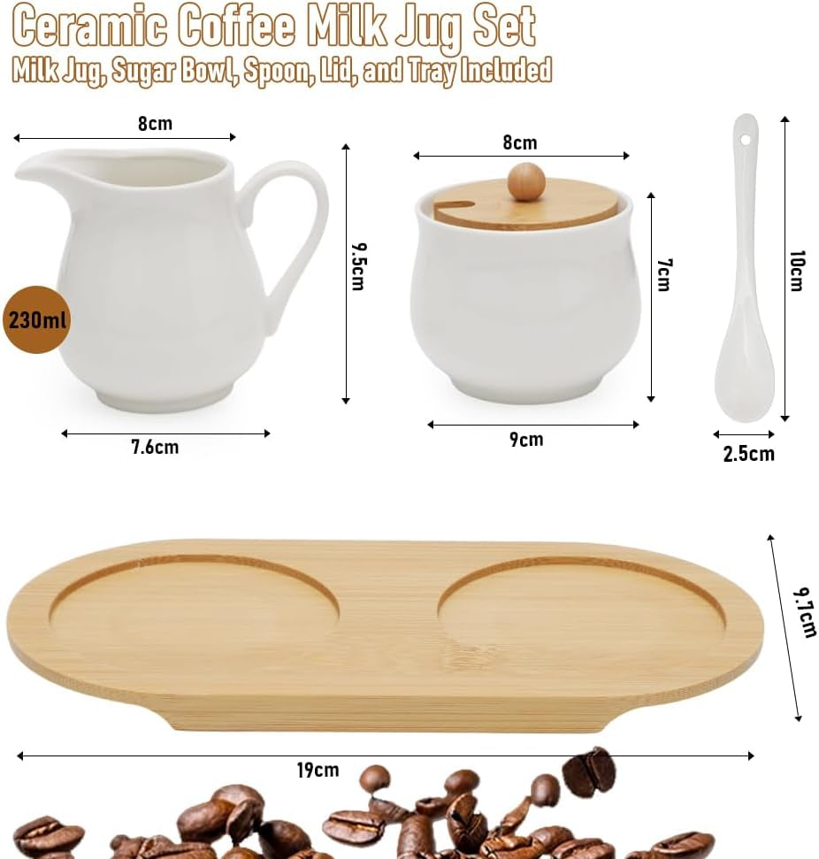 Mjölk- och sockerset med lock och sked, 5-delad keramisk mjölkkanna och sockerbehållare med trätablett, mjölk- och sockerbehållare för kök, kaffe, mikrovågsugn och diskmaskin (vit)
