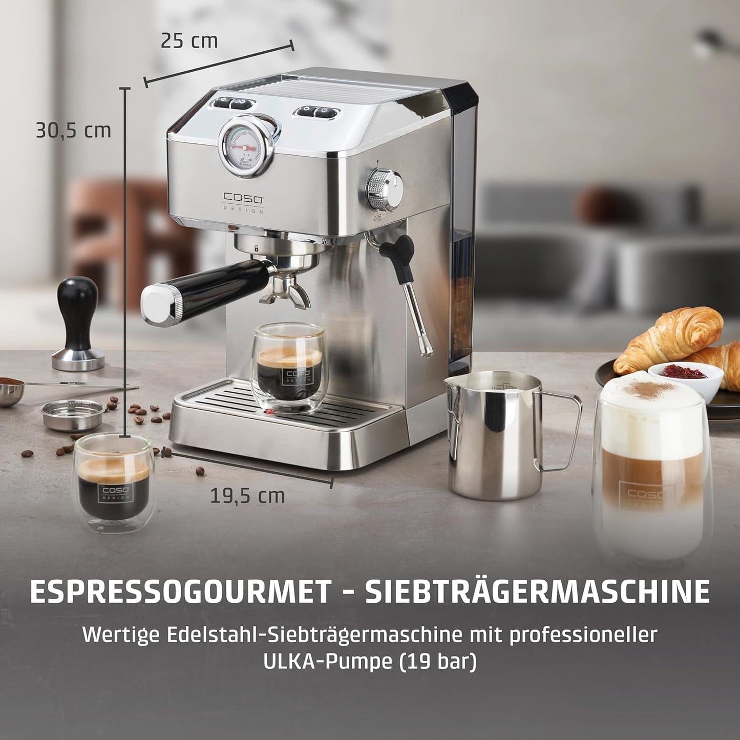 Caso Espresso Gourmet - Portafilter Espressomaskin i rostfritt stål, kraftfull 19 bars Ulka-pump, med mjölkskummare, för malet kaffe eller ESE-kaffekapslar, för 2 koppar, med koppvärmare
