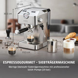 Caso Espresso Gourmet - Portafilter Espressomaskin i rostfritt stål, kraftfull 19 bars Ulka-pump, med mjölkskummare, för malet kaffe eller ESE-kaffekapslar, för 2 koppar, med koppvärmare