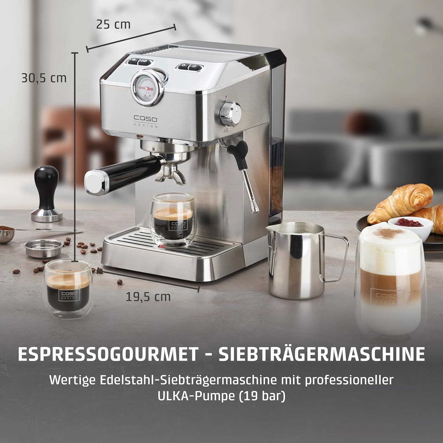 Caso Espresso Gourmet - Portafilter Espressomaskin i rostfritt stål, kraftfull 19 bars Ulka-pump, med mjölkskummare, för malet kaffe eller ESE-kaffekapslar, för 2 koppar, med koppvärmare