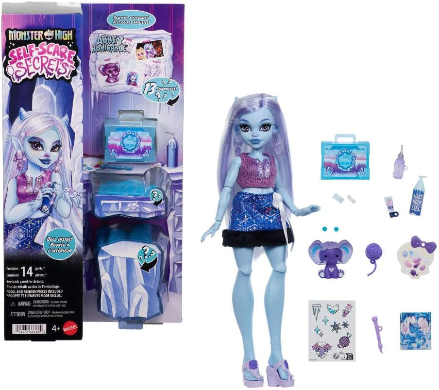 Monster High Self-Scare Secrets Abbey Bominable Docka och tillbehörsset med 13 realistiska överraskningar som Henna, teckningar och virkad JHK44