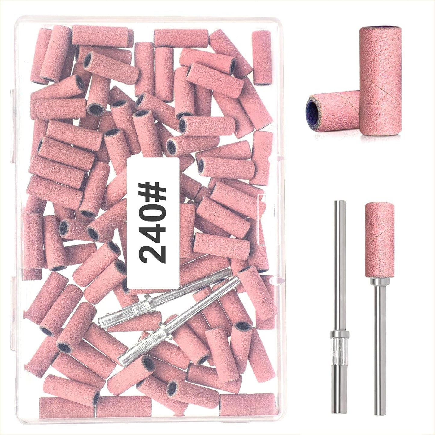 BLESWIN 100 st Små slipband för spikborr, finkornig 240 st med 2 st 3 mm borr, minislipband för polering av naturliga naglar och rengöringsnagelband för prep, rosa