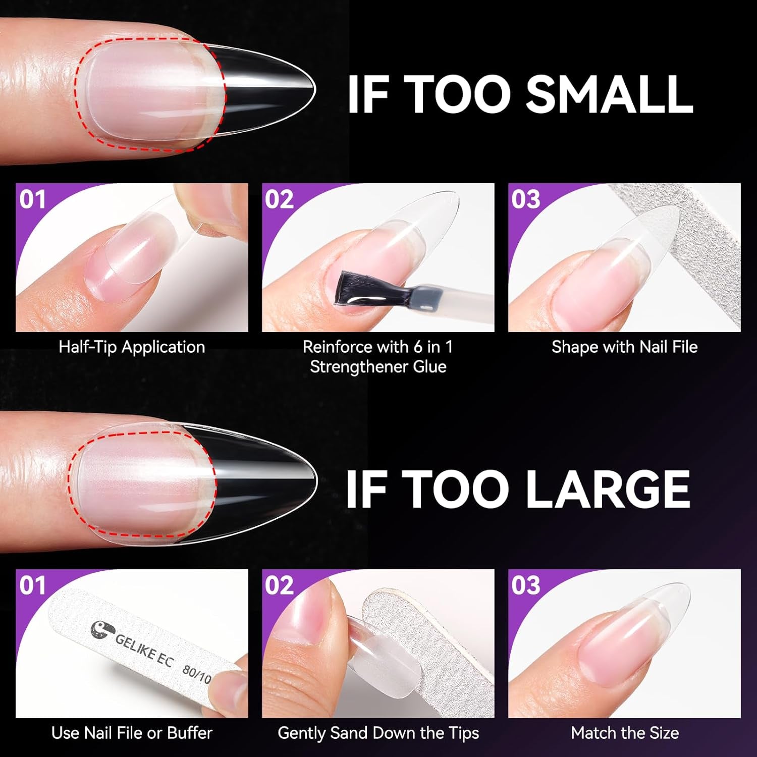 Gelike Ec Short Almond Nails - Heltäckande mjuka naglar, förpolerade konstgjorda naglar för nagelförlängning, Hemma Nagelstudio, Gör-det-själv-salong, 120 st, 12 storlekar