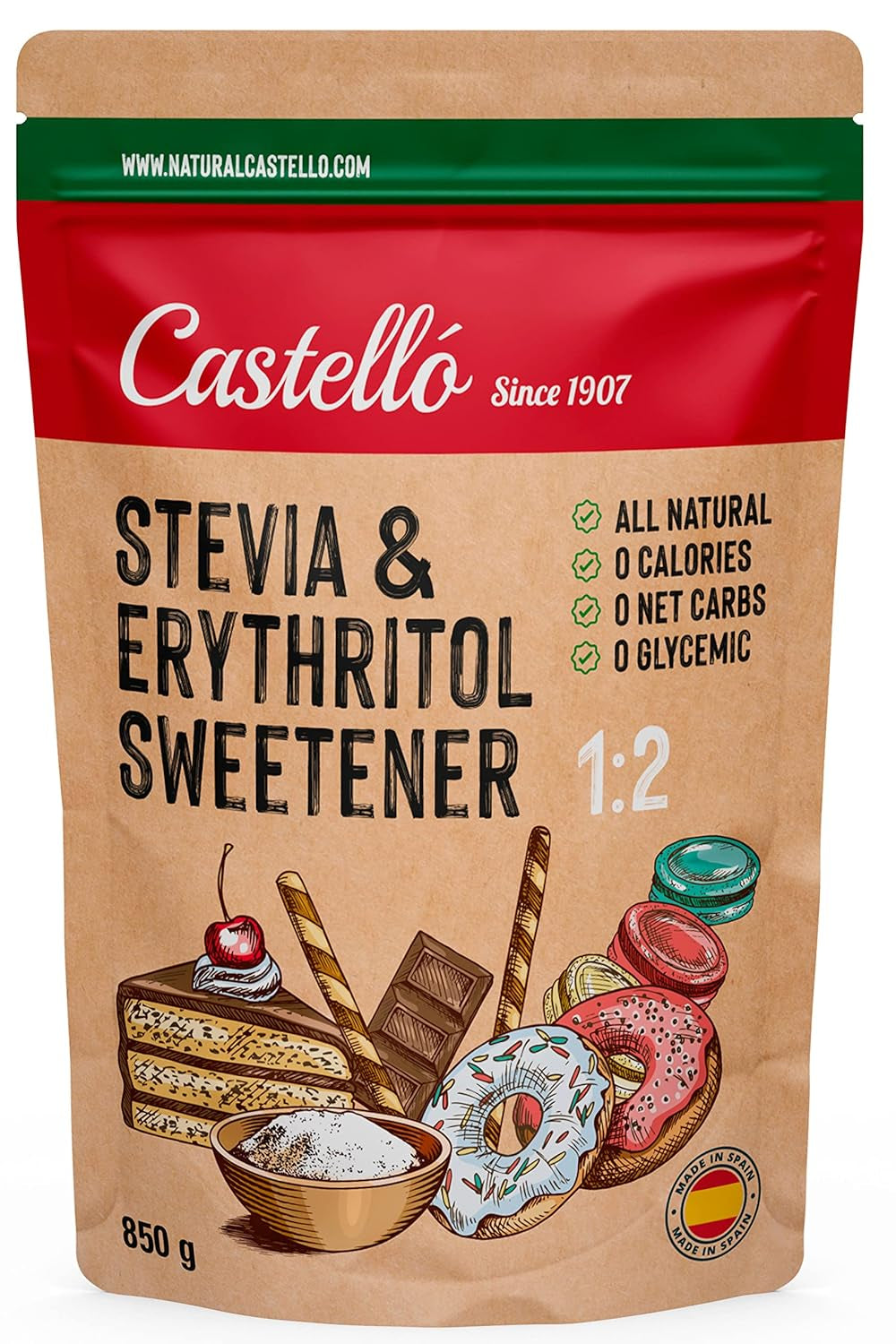 Stevia + Erythritol 1:2 Süßstoff | 1G = 2G Zucker | 100% Natürlicher Zuckerersatz - 0 Kalorien - 0 Glykämischer Index - Keto Und Paleo - 0 Netto-Kohlenhydrat - Kein GVO - Castello sedan 1907 - 850 G Sötningsmedel Naty Shop Standardtitel