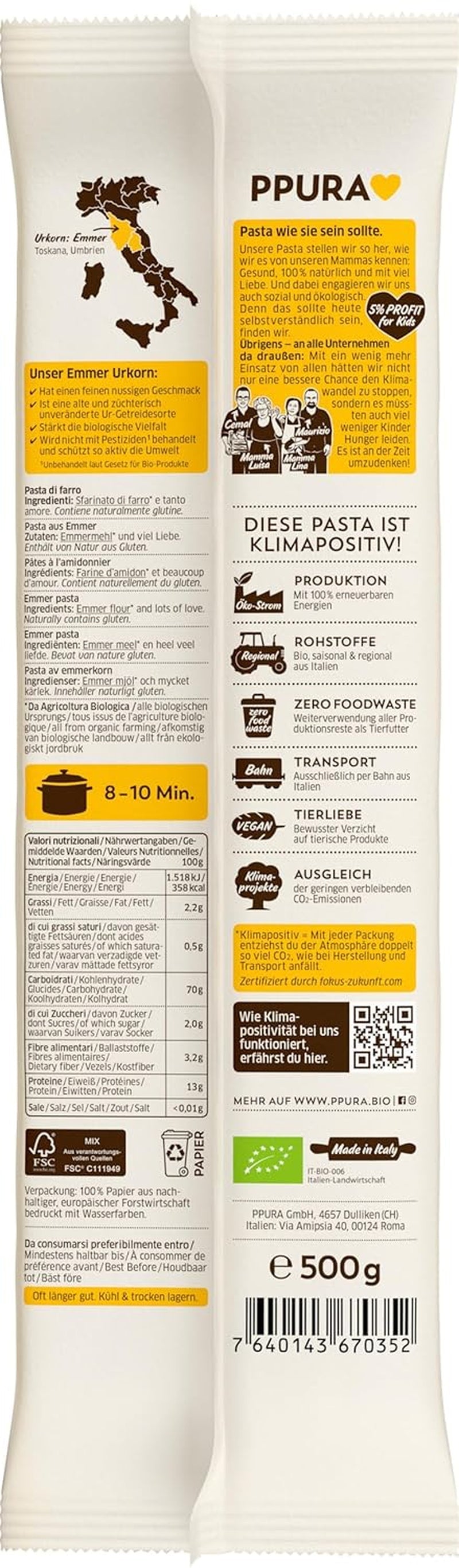 PPURA Ekologisk Spaghetti Pasta med Emmer 500g, 100% naturlig emmer Spaghetti, tillverkad i Italien - Italiensk pasta utan tillsatser, färgämnen eller konserveringsmedel