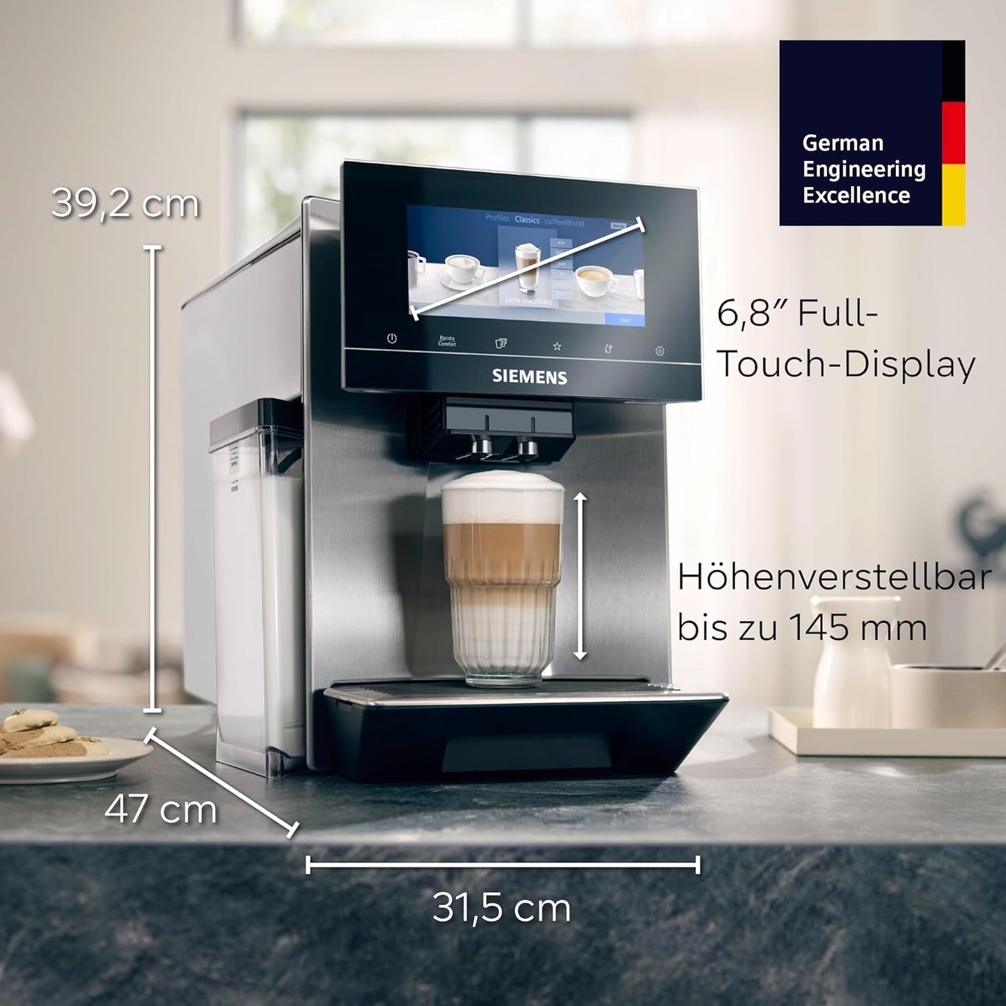 Siemens EQ900 TQ903D03 Automatisk espressomaskin, Appkontroll, Intuitiv Touch Display, Barista Mode, AromaBoost, Brusreducering, Premium Grinder, Automatisk Ångrengöring, 1500 W, Rostfritt stål