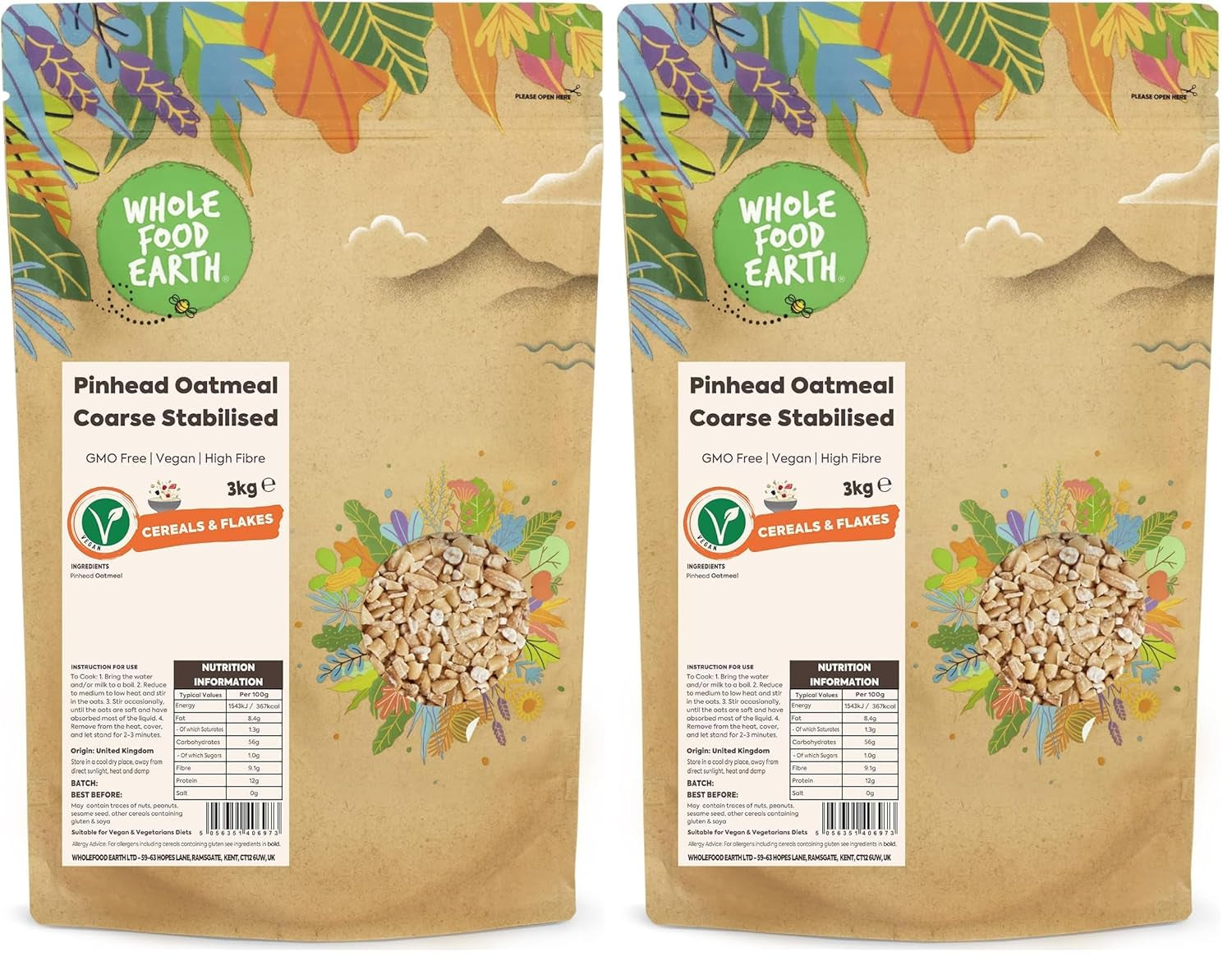 Wholefood Earth Pinhead Havregryn Grovt stabiliserat 3kg | Icke-GMO | Rik på fiber