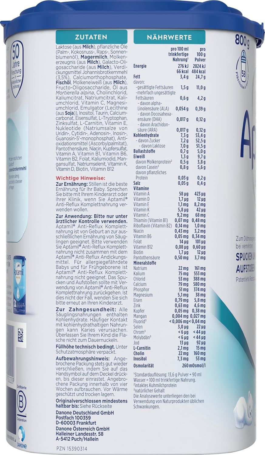Aptamil Anti-Reflux - Komplett formel från födseln Kosthantering Kräkningar & uppstötningar Babymat Mjölkpulver 1 x 800g