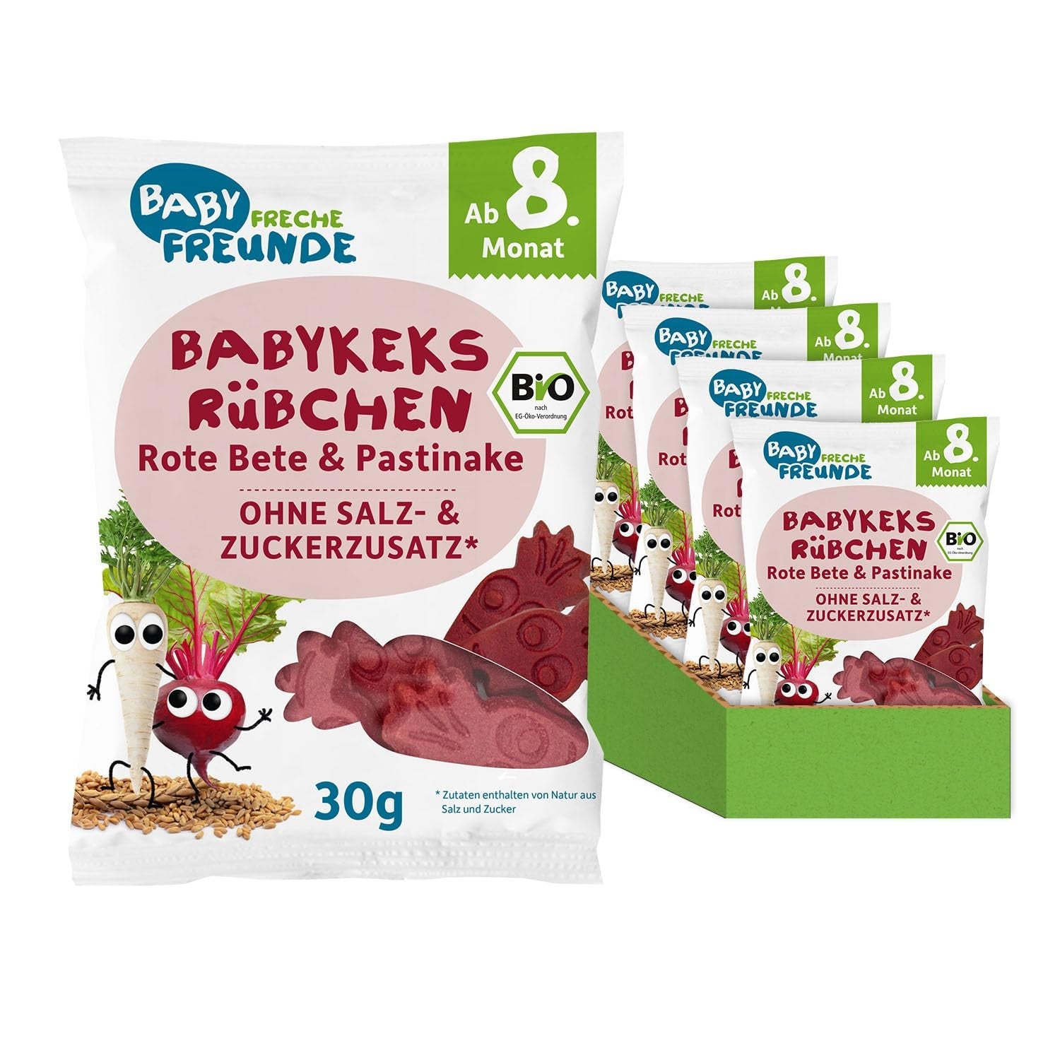 BABY FRECHE FREUNDE Ekologiska babykex med rödbetor och palsternacka, mellanmål för bebisar från 8 månader, utan tillsatt socker, vegansk, 8-pack (8 x 30 g)