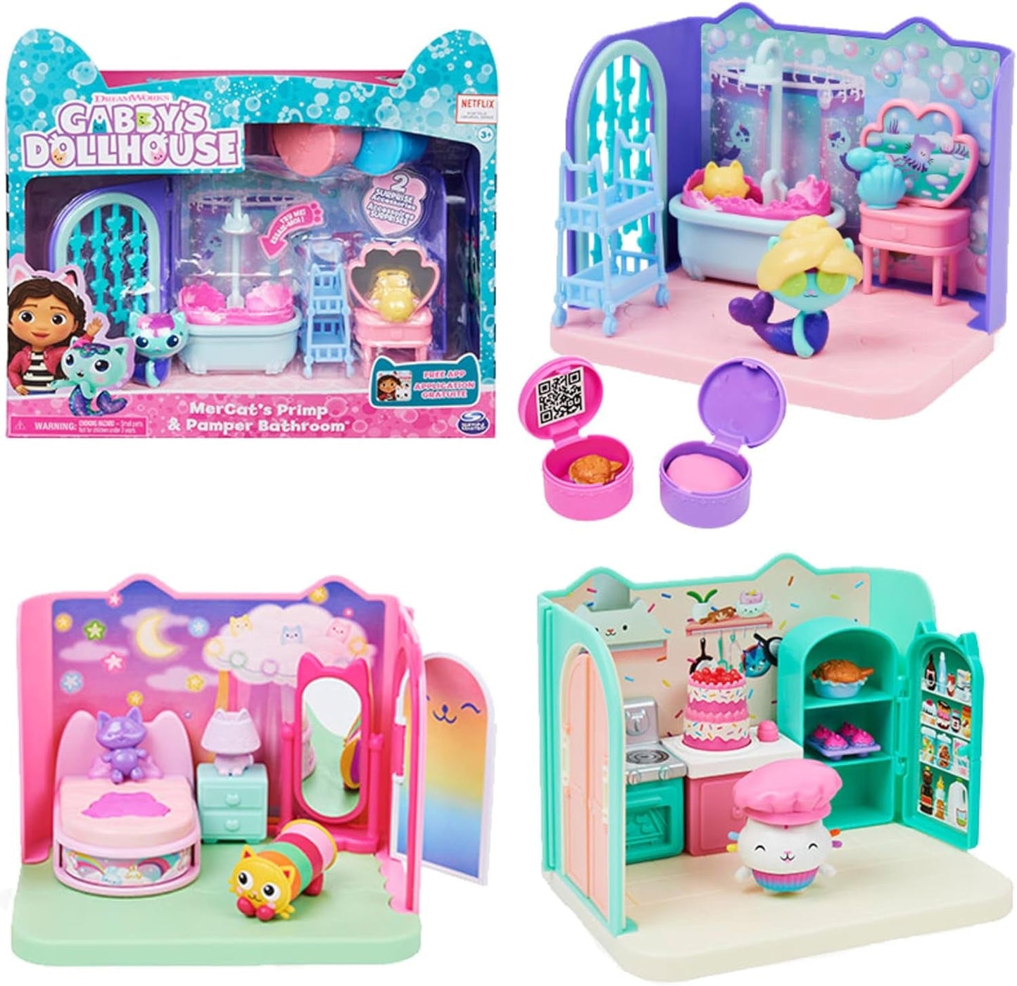 Gabby's Dollhouse Deluxe-rum, kattrum, möbler och 2 överraskningslådor med tillbehör med tema, lämplig för åldrarna 3 och uppåt