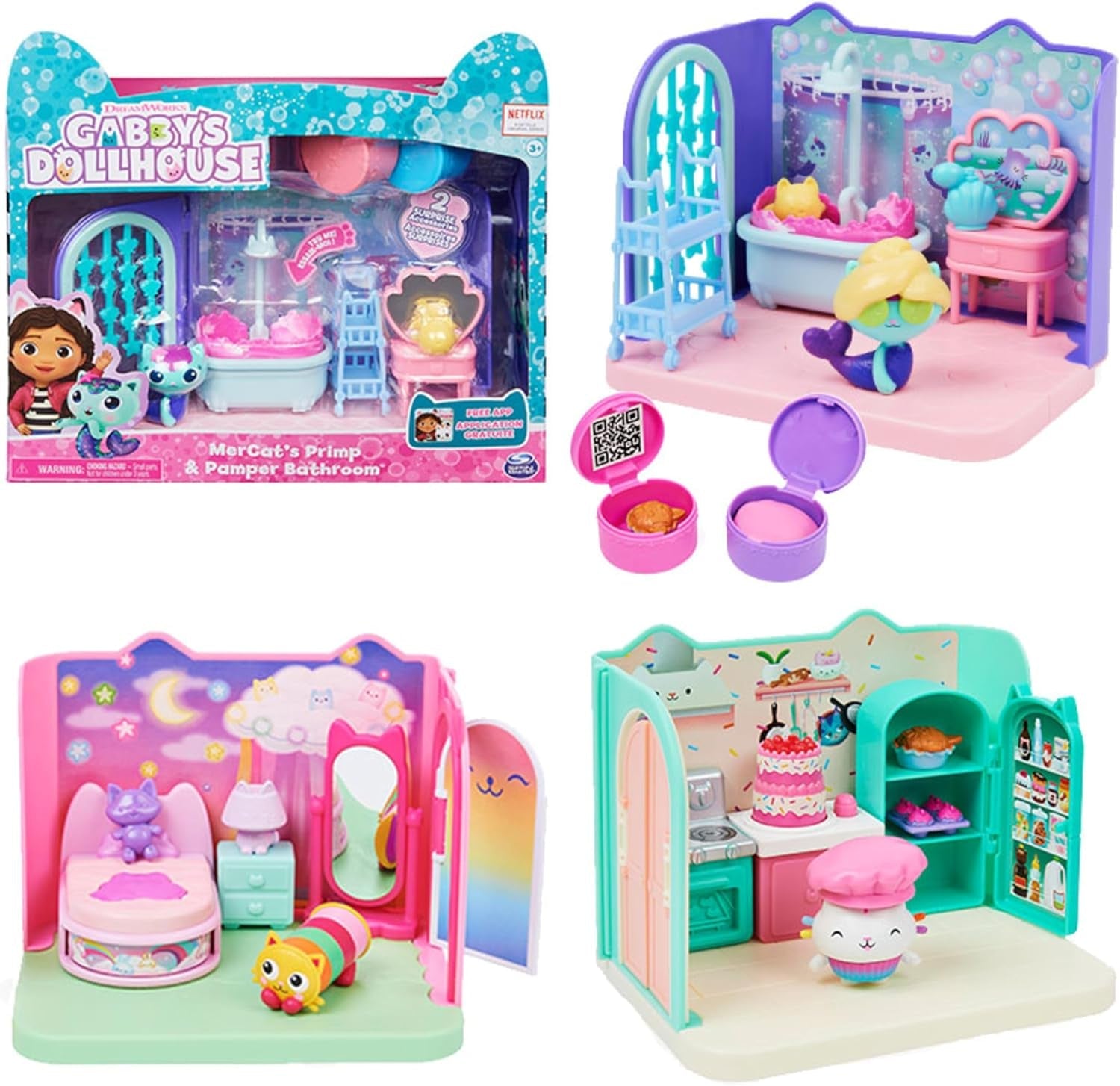 Gabby's Dollhouse Deluxe-rum, kattrum, möbler och 2 överraskningslådor med tillbehör med tema, lämplig för åldrarna 3 och uppåt