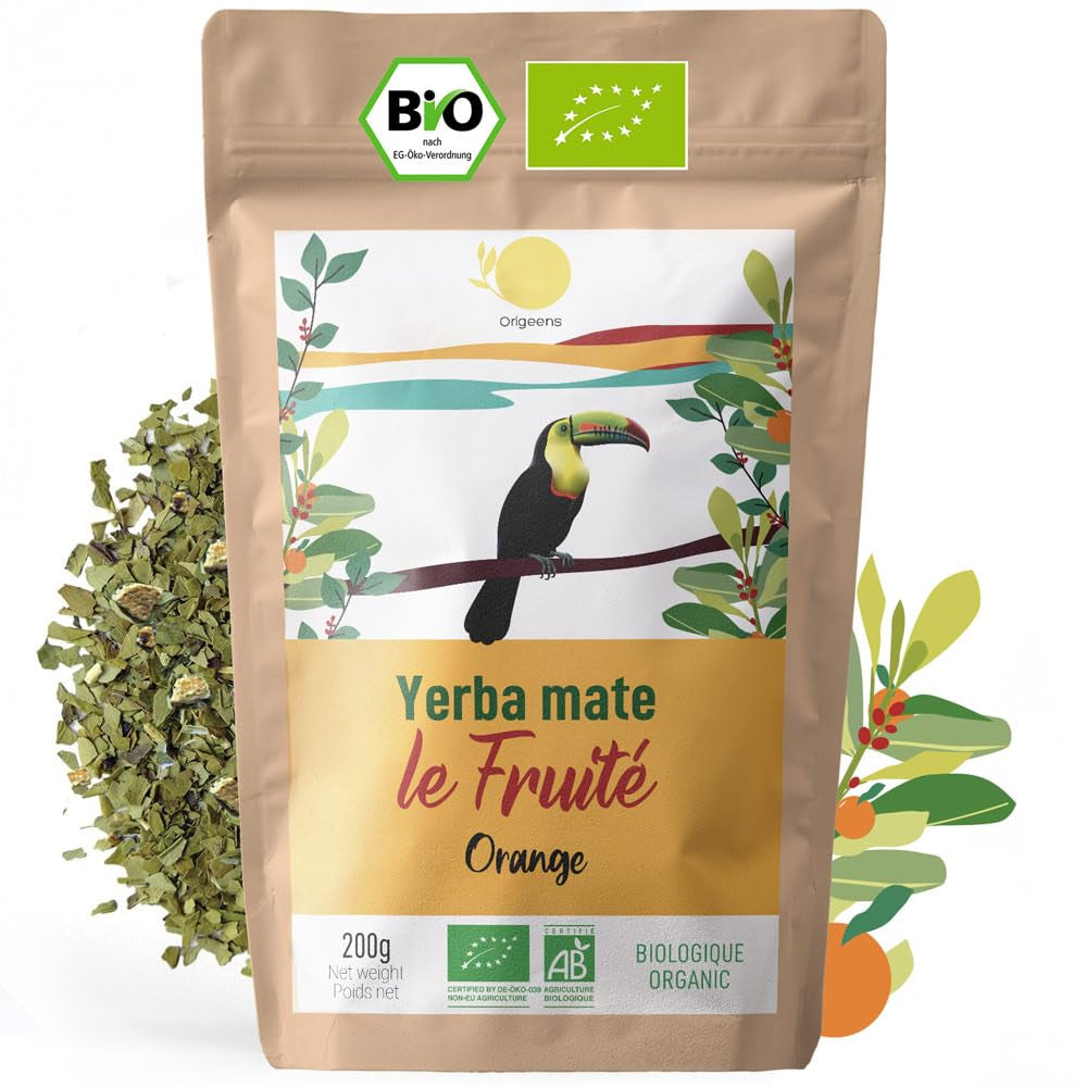 ORIGEENS BIO YERBA MATE med apelsiner 200 G - Fruktigt te I Ekologiskt orostat Yerba Mate te, utan stjälkar och damm I Energigivande och avgiftande dryck