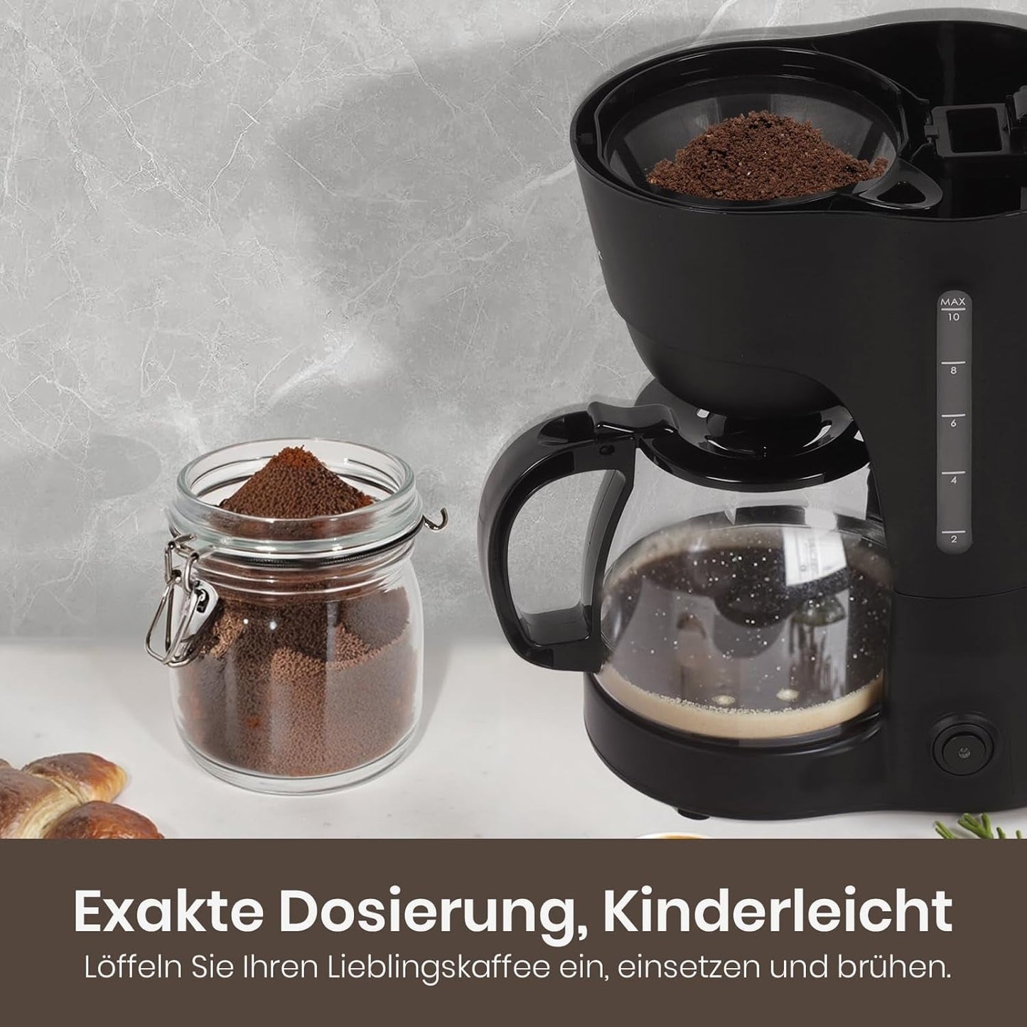 1,25L filterkaffebryggare för 10 koppar filterkaffe, diskmaskinssäker glaskaraff, termos, anti-droppsystem, automatisk avstängning, 600W, vattenfritt kokskydd för hem och kontor