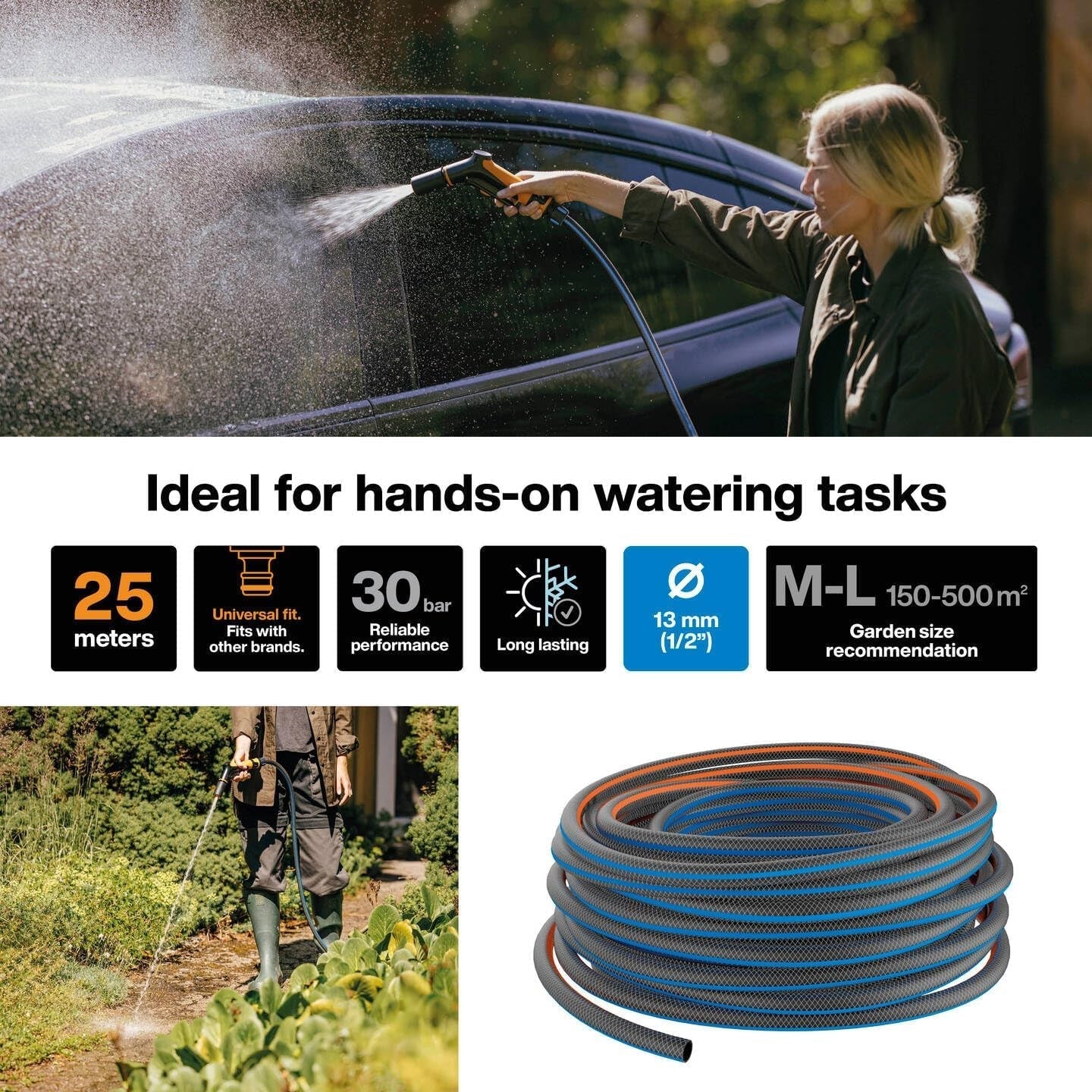 Fiskars ML Trädgårdsslang X-serien Handbevattningsvattenslang 13mm (1/2"), Längd: 25m, Universalanslutning, UV-skydd, Frostskydd, Vridsäker, Blå, 1076045