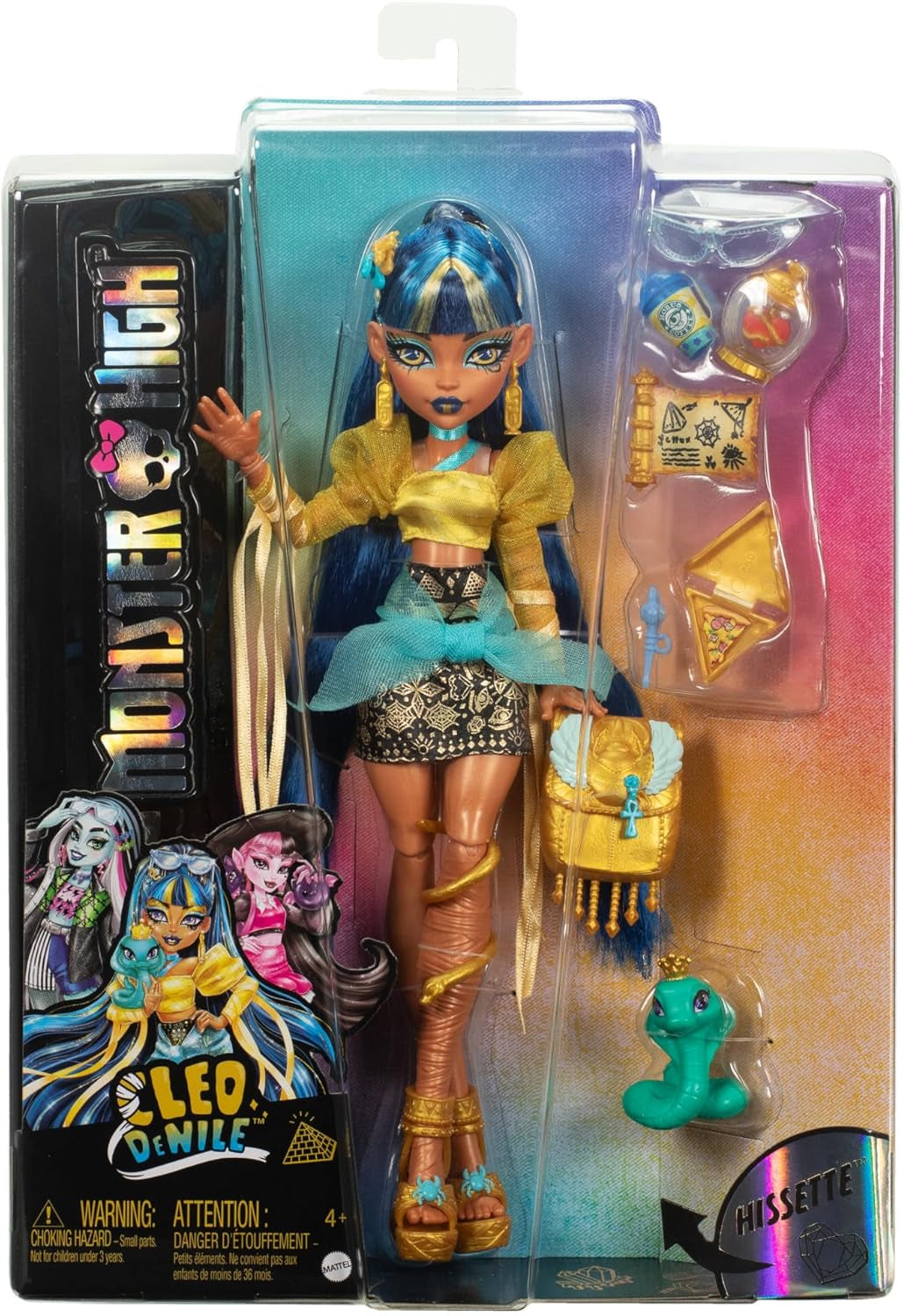 Monster High Cleo De Nile Doll i guldblus och lagerkjol, inkluderar Cobra Hissette Pet och tillbehör som ryggsäck, mellanmål och pappersrulle, HXH74 Naty Shop Dolls