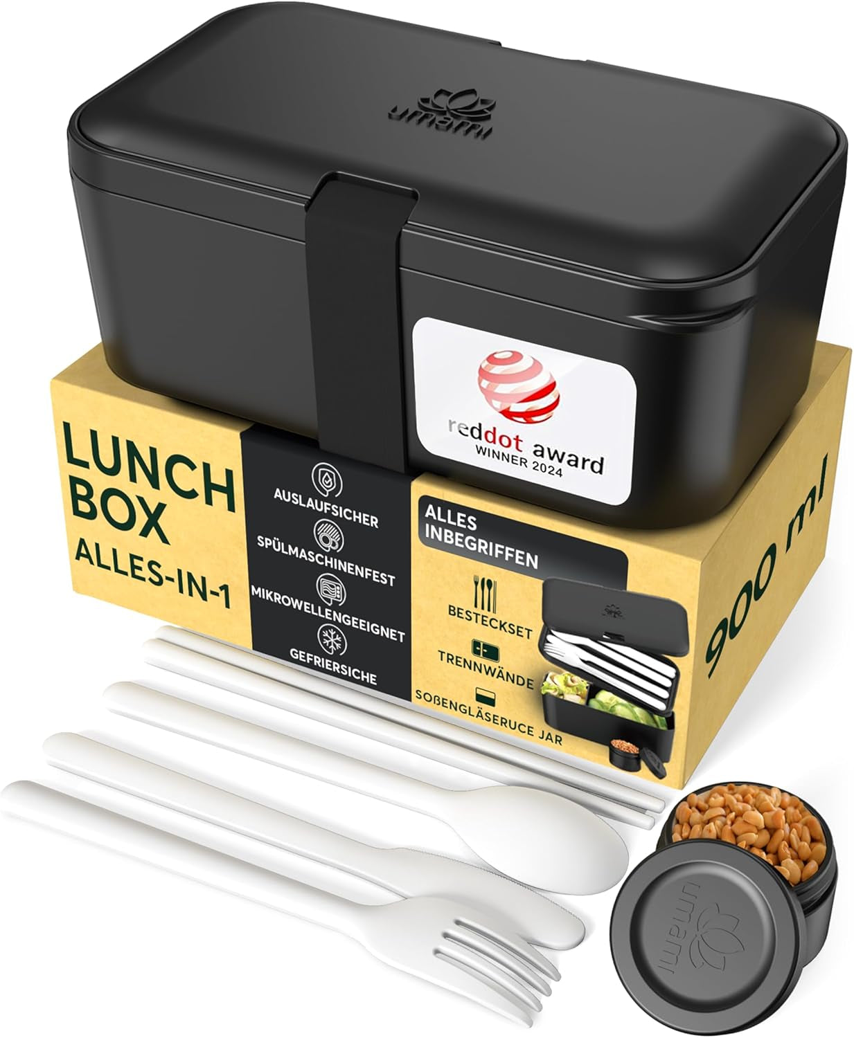 Umami Lunchbox för vuxna, Stapelbar Bento Box med 4 bestick och fack, Vuxen Lunch Box, To-go salladsbehållare, Picknick / Office Lunch Box, Kolgrå, 1500ml Naty Shop Onyx Black Food förvaringslådor - 900 Ml M - 900/1000 Ml