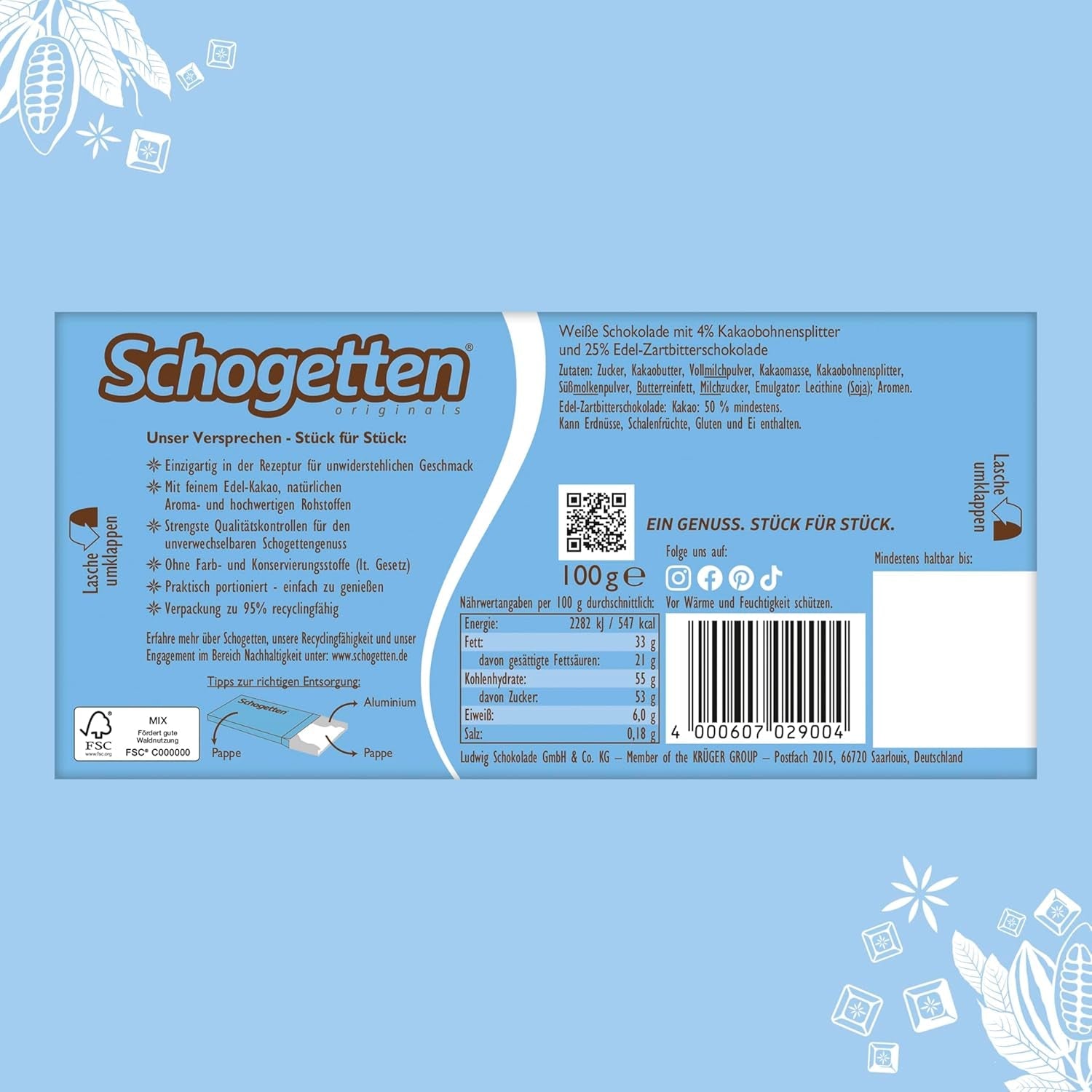 Schogetten Stracciatella chokladkaka 100g, individuellt portionerad. En fröjd. Bit för bit.