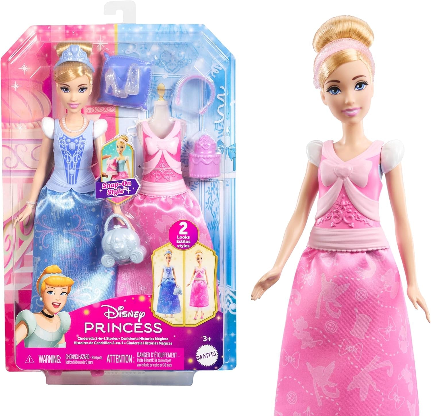 Mattel Disney Princess Toys Cinderella modedocka med 2 outfits, 9 accessoarer, 2 toppar med clips och 2 kjolar. 2 i 1 berättelser inspirerade av Disney-filmen, JCR95