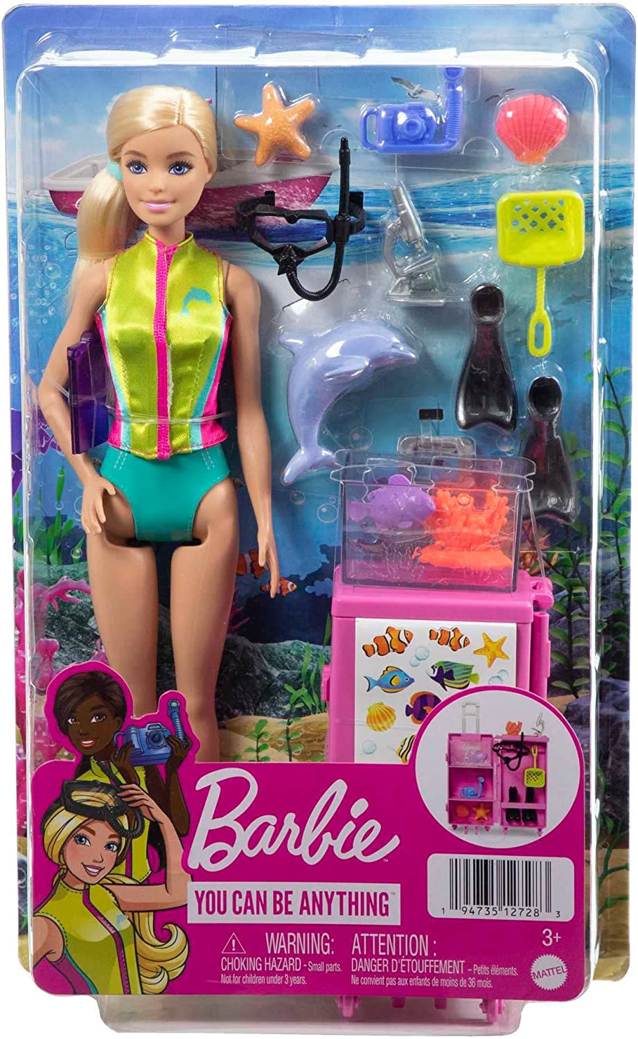 Barbie You Can Be Anything Series, marinbiolog, 1x docka med blont hår, baddräkt, delfiner, tillbehör, barnpresent, leksak för 3+ år, HMH26