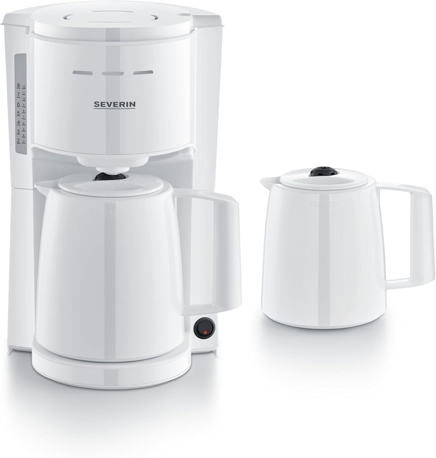 Severin espressomaskin med filter och 2 termokannor, espressomaskin med lock, droppfri upphällning, lång temperaturhållning, automatisk avstängning, 1000 W, ca. 1 liter, vit, KA 9309
