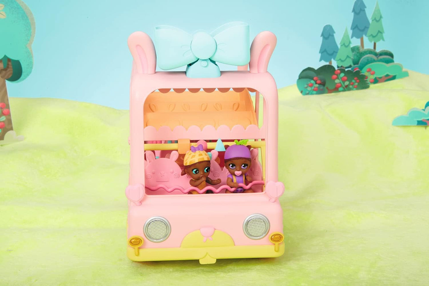 BABY född 904763 Baby Surprise Bus - rosa minidocka leksaksbuss med 2 exklusiva dockor, trippel sittvagn, gunga, karusell, rutschkana och trippelgunga.