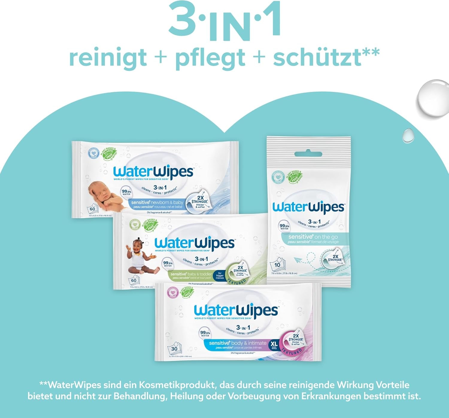 WaterWipes Sensitive+ On The Go våtservetter, 100 våtservetter (10-pack), 3 i 1 rengöringar, vårdar, skyddar, 99,9 % vatten, parfymfria våtservetter