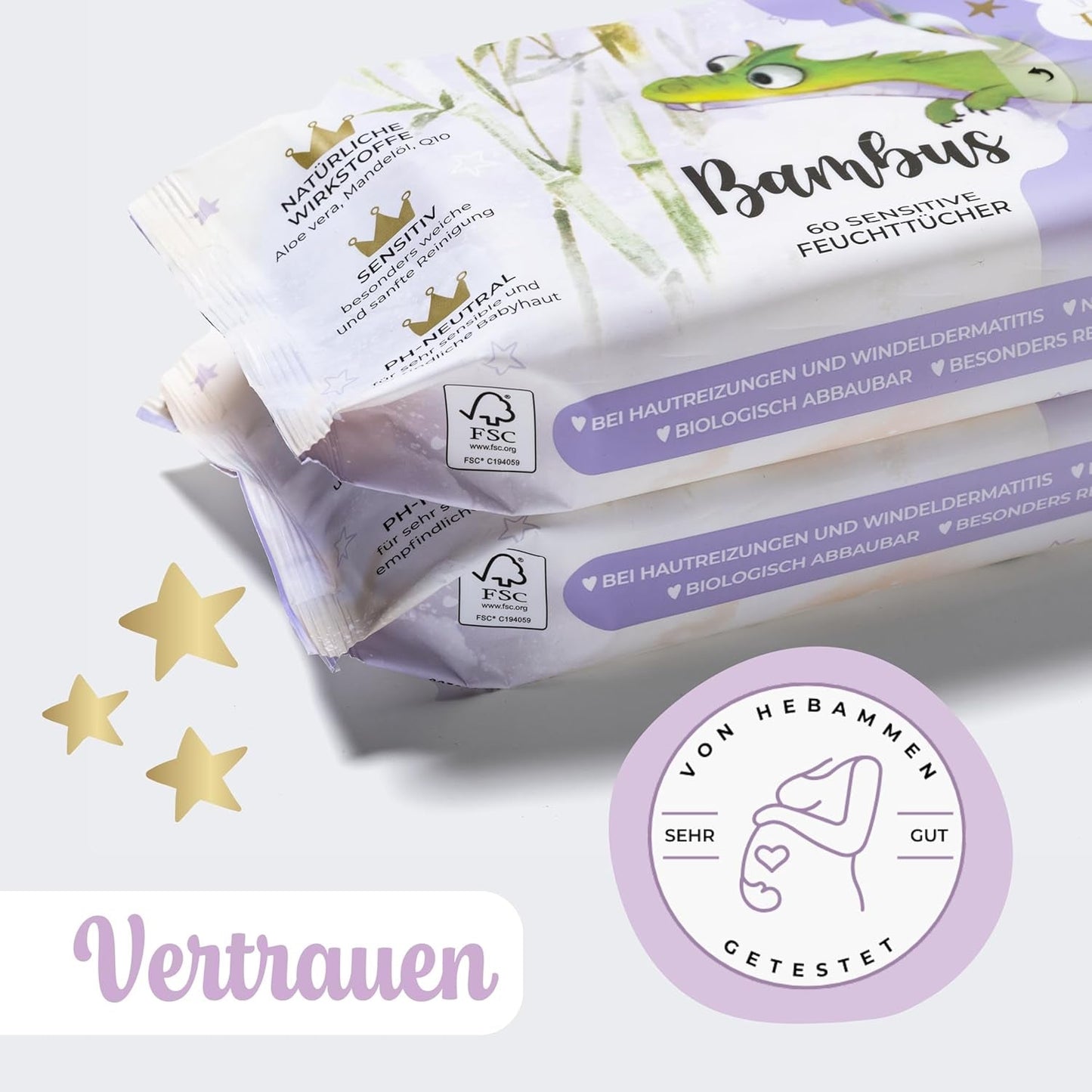 Millis Bamboo Baby Sensitive våtservetter för ömtålig babyhud - 5 x 60 stycken - Naturlig, skonsam och hållbar rengöring - Biologiskt nedbrytbara babyservetter, plastfria och alkoholfria