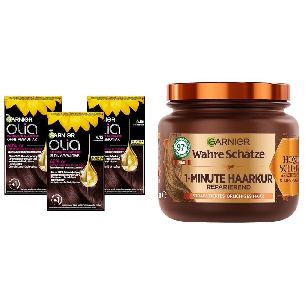 Garnier Olia Hair Color 6.0 Ljusbrun + True Treasures Repair Treatment (340 ml) för skadat hår - ammoniakfri färgning, naturliga oljor, täckning av grått hår, honung och bivax, mindre hårbrott Naty Shop Hårfärg 3X Hårfärg + Reparationsbehandling