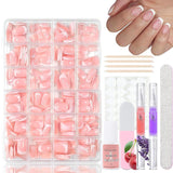 360st Gradient Ballerina False Nails Set, Rosa Vit Gradient Limmade konstgjorda naglar med 2st Nail Oil Pens, Ombre Medium Fake Nails for Women DIY