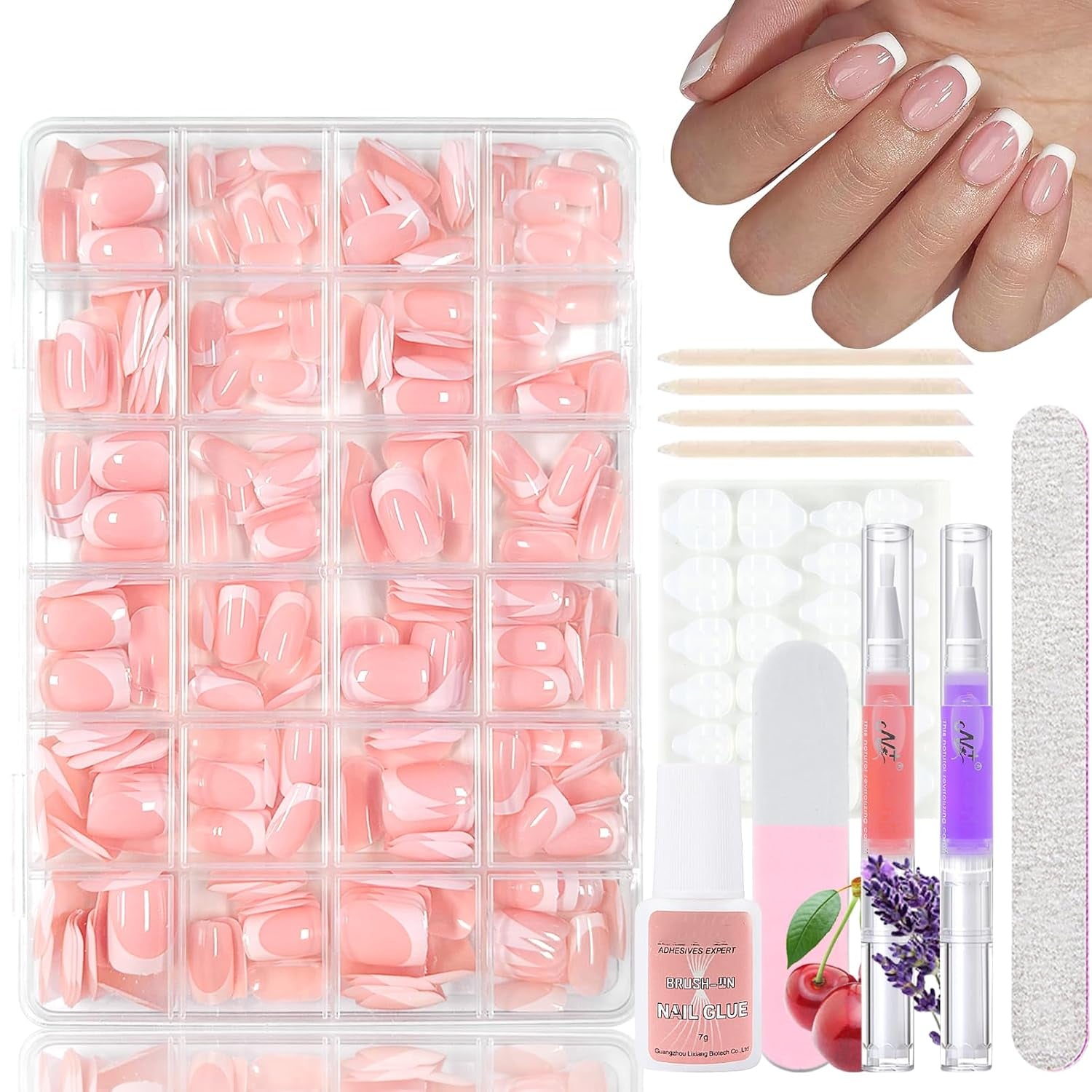 360st Gradient Ballerina False Nails Set, Rosa Vit Gradient Limmade konstgjorda naglar med 2st Nail Oil Pens, Ombre Medium Fake Nails for Women DIY