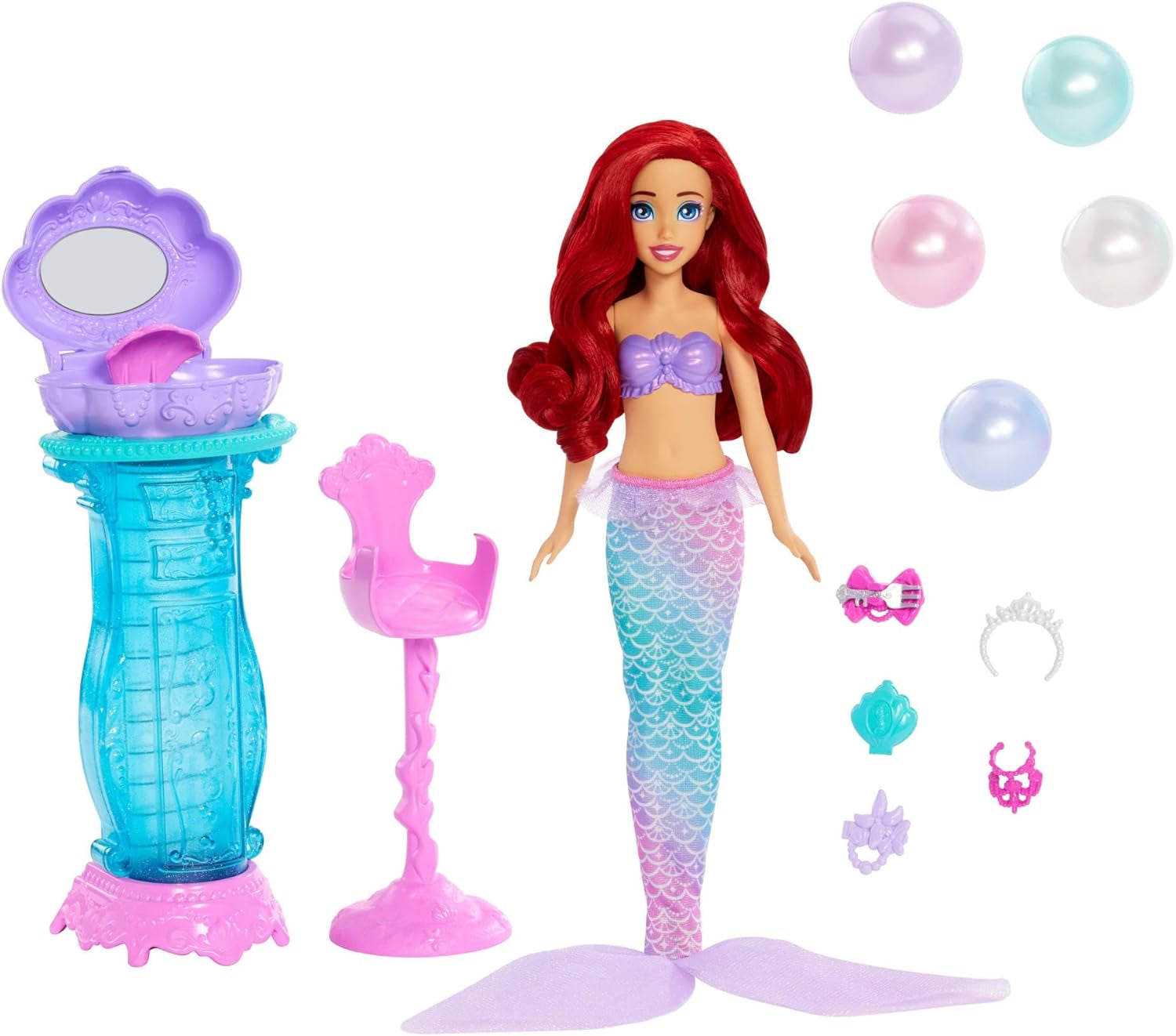 Mattel Disney Princess Toys, Make-up Shell Mermaid Arielle Fashion Doll med avtagbar svans, Makeup bord med 5 repeterbara popup-överraskningar och 5 tillbehör, JBF86 Naty Shop Dolls