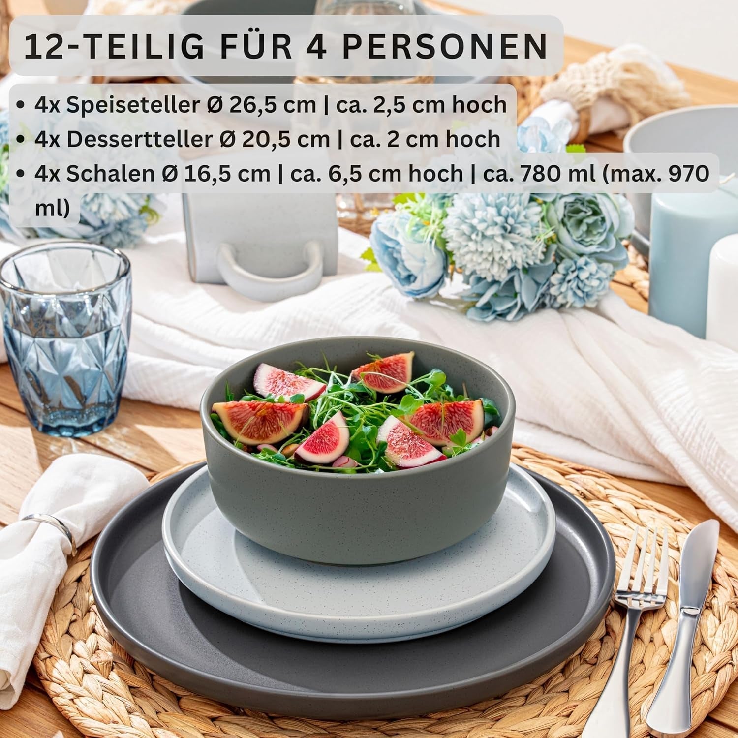 SÄNGER Leeds | 12-delat servisset i stengods 4-personers tallrikset (4 mattallrikar, 4 desserttallrikar, 4 skålar), färgglad reptålig servis | VÄRDESAMLING