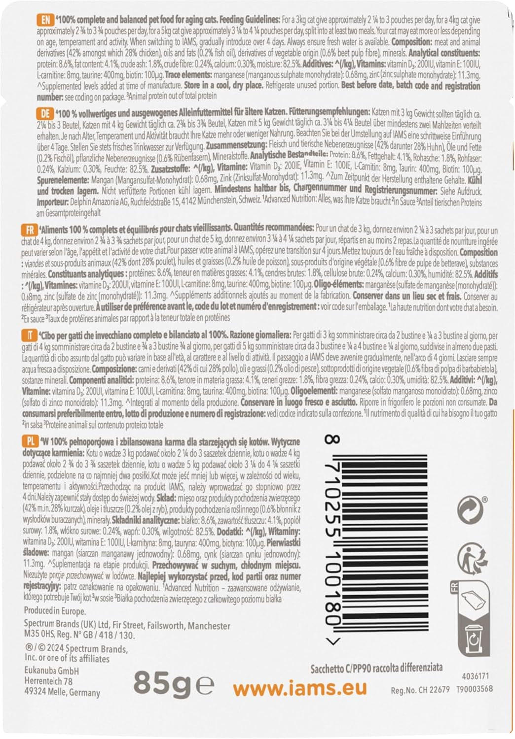 IAMS Delights våt kattmat med kyckling i sås för äldre katter 7 år och äldre - provstorlek, individuell påse, 1 x 85 g