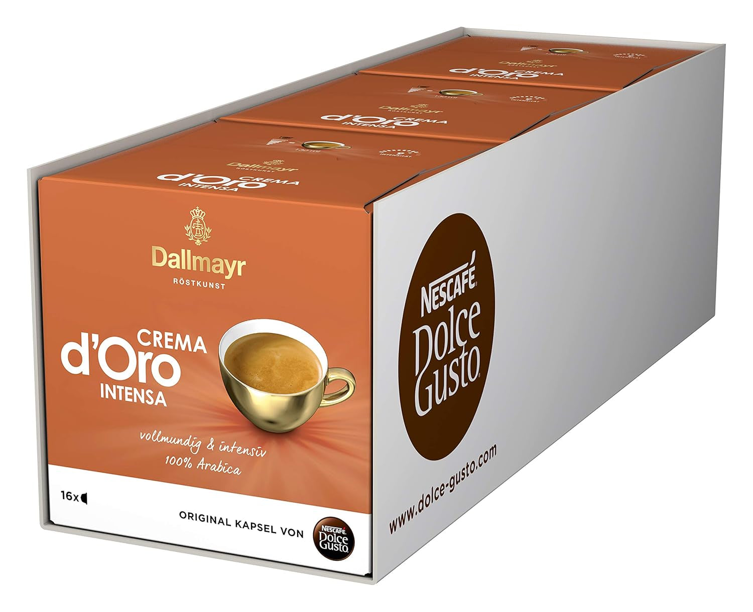 Dallmayr Crema d´Oro, XXL-Vorratsbox & Dallmayr Crema d´Oro intensa (48 Kaffeekapseln, Intensität 9 av 12, 100% Arabica-Bohnen), 3er Pack (3x16 Kapseln)