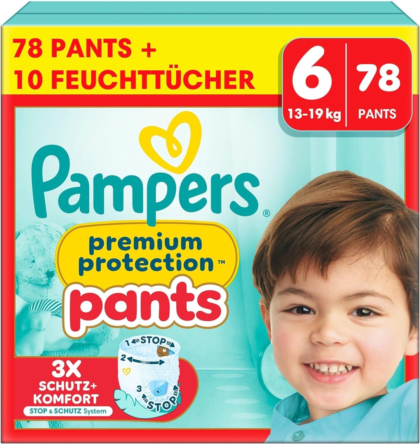 Pampers Premium Protection Pants Größe 6, 78 Windeln, 13kg-19kg, Mit 360° Fitform, 2x breiteren Bundchen als vorher för Komfort & Schutz + 10 Stück Pampers Aqua Baby-Weuchttücher enthalten