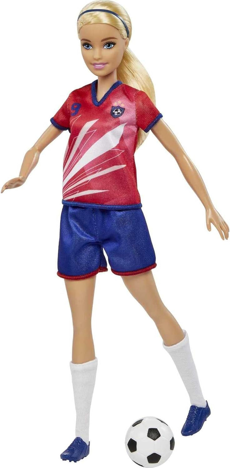 Barbie You Can Be Anything-serien, fotbollsspelare, fotbollsspelare med blondt hår, röd och blå tröja, boll, tillbehör, docka ingår, present från 3 år och uppåt, HCN17
