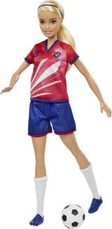 Barbie You Can Be Anything-serien, fotbollsspelare, fotbollsspelare med blondt hår, röd och blå tröja, boll, tillbehör, docka ingår, present från 3 år och uppåt, HCN17