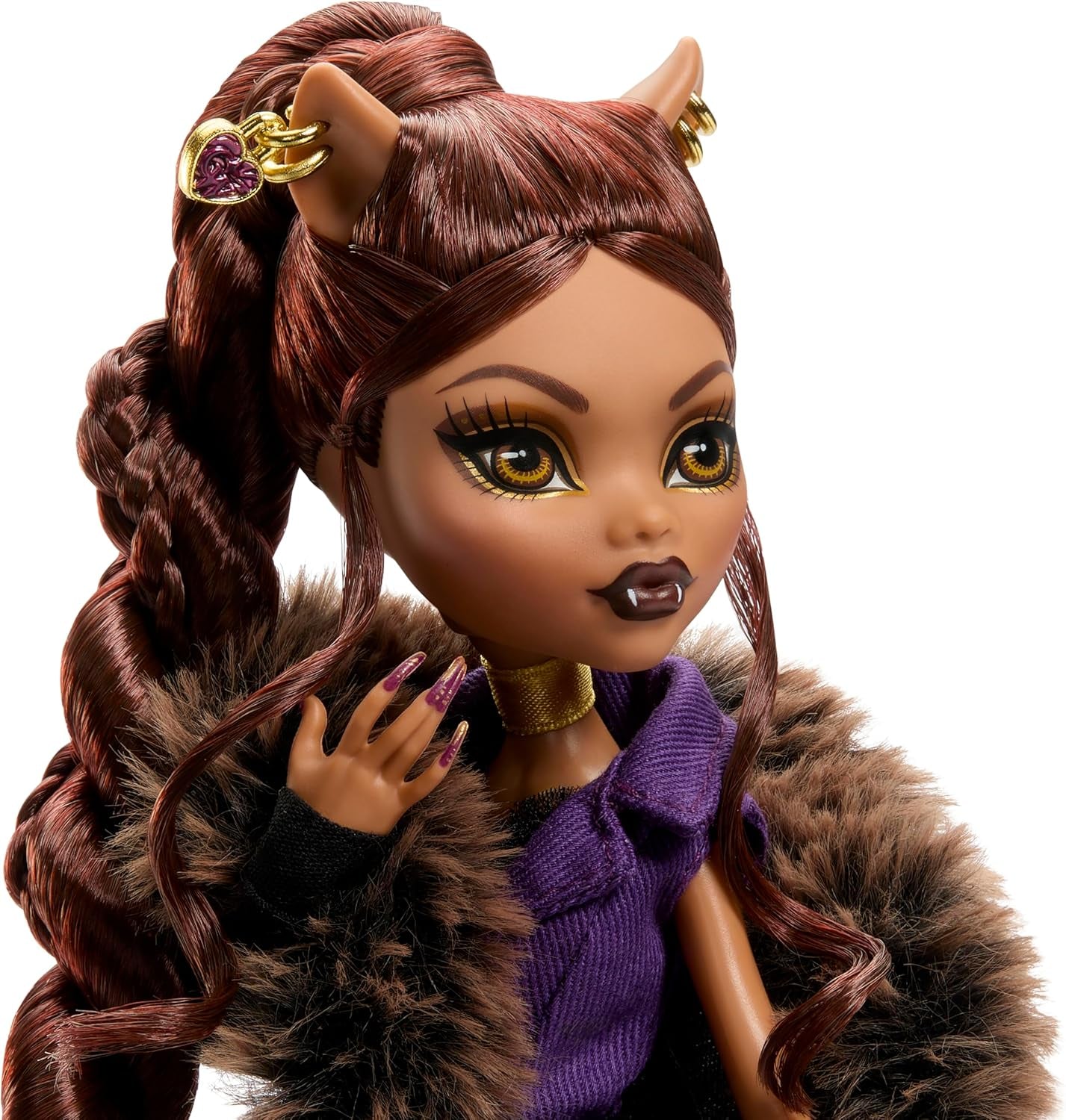 Monster High Doll House of Wolves Clawdeen Wolf Samlarfigur med fuskpäls jacquardrock Lila jacka Klänning Guld Byxor och tillbehör JDR66