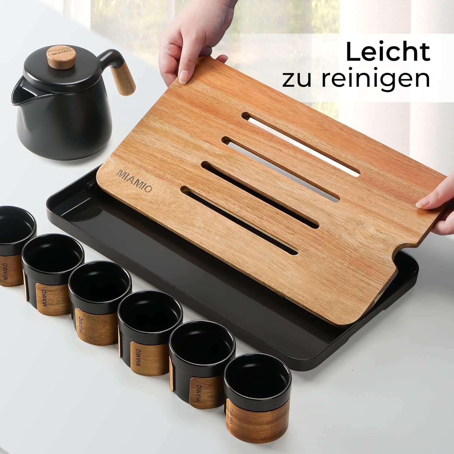 MIAMIO - Japansk/kinesiskt teservis 6 x 100 ml / asiatisk tekanna 620 ml med teinfuserare, traditionell japansk tekanna för teälskare/män/kvinnor (svart)