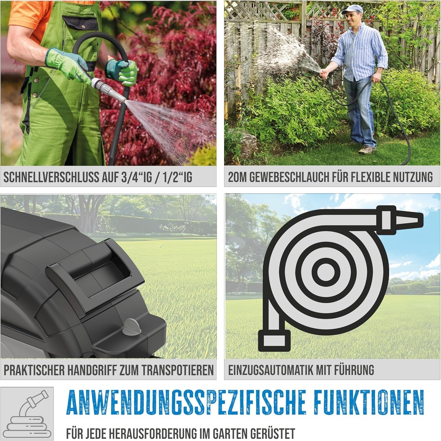 Automatisk slangupprullare Güde 20-2-2 1/2 (för väggmontage, 180° rotation, 20 m slang, vattenspray, väggfäste, automatisk indragning, indragningsstopp, transporthandtag, 2 snabbkopplingar)