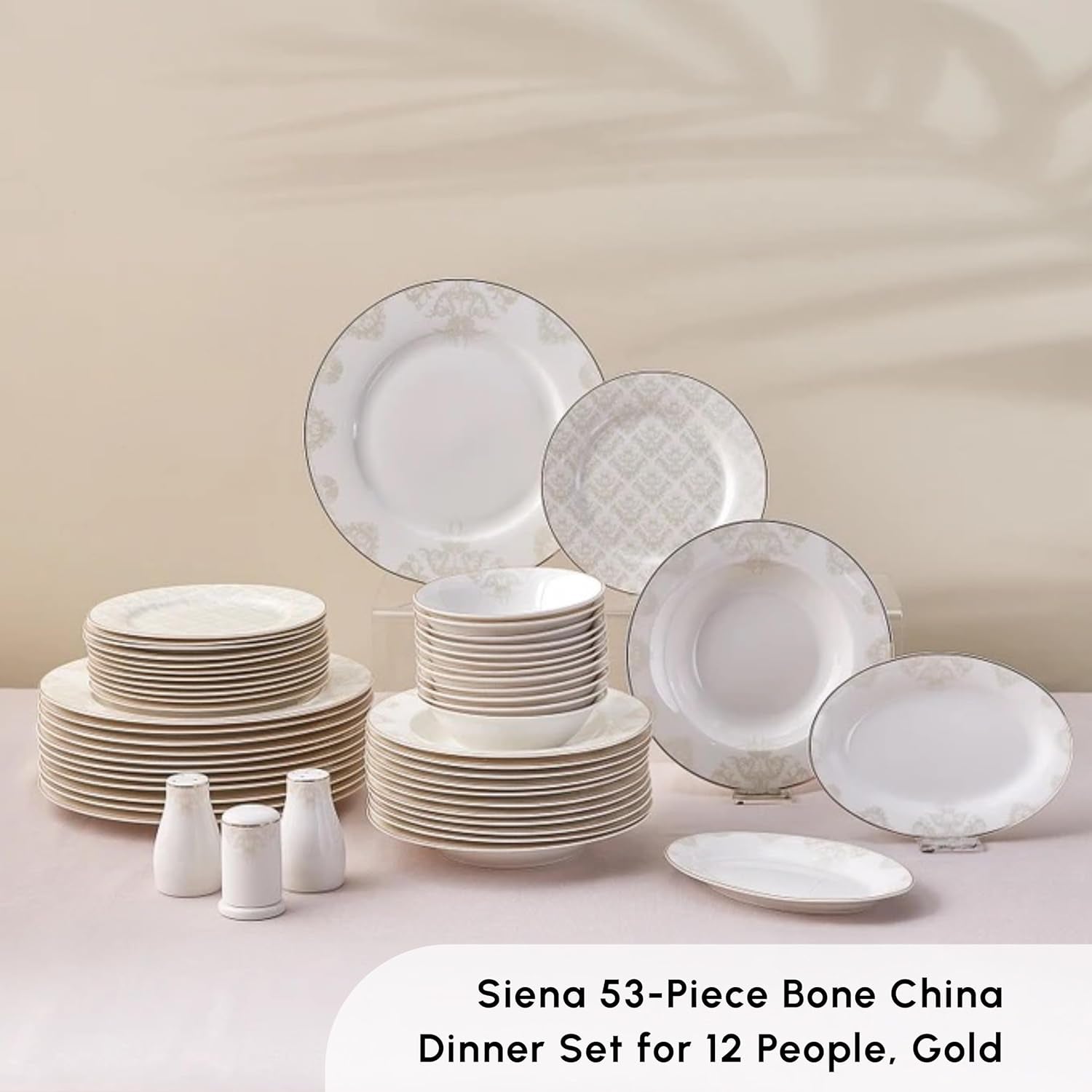 Karaca Elegance Bone Siena servisset för 12, modernt porslinsset, servisset med soppskålar, serveringsfat, djupa tallrikar, desserttallrikar - vitt och guld
