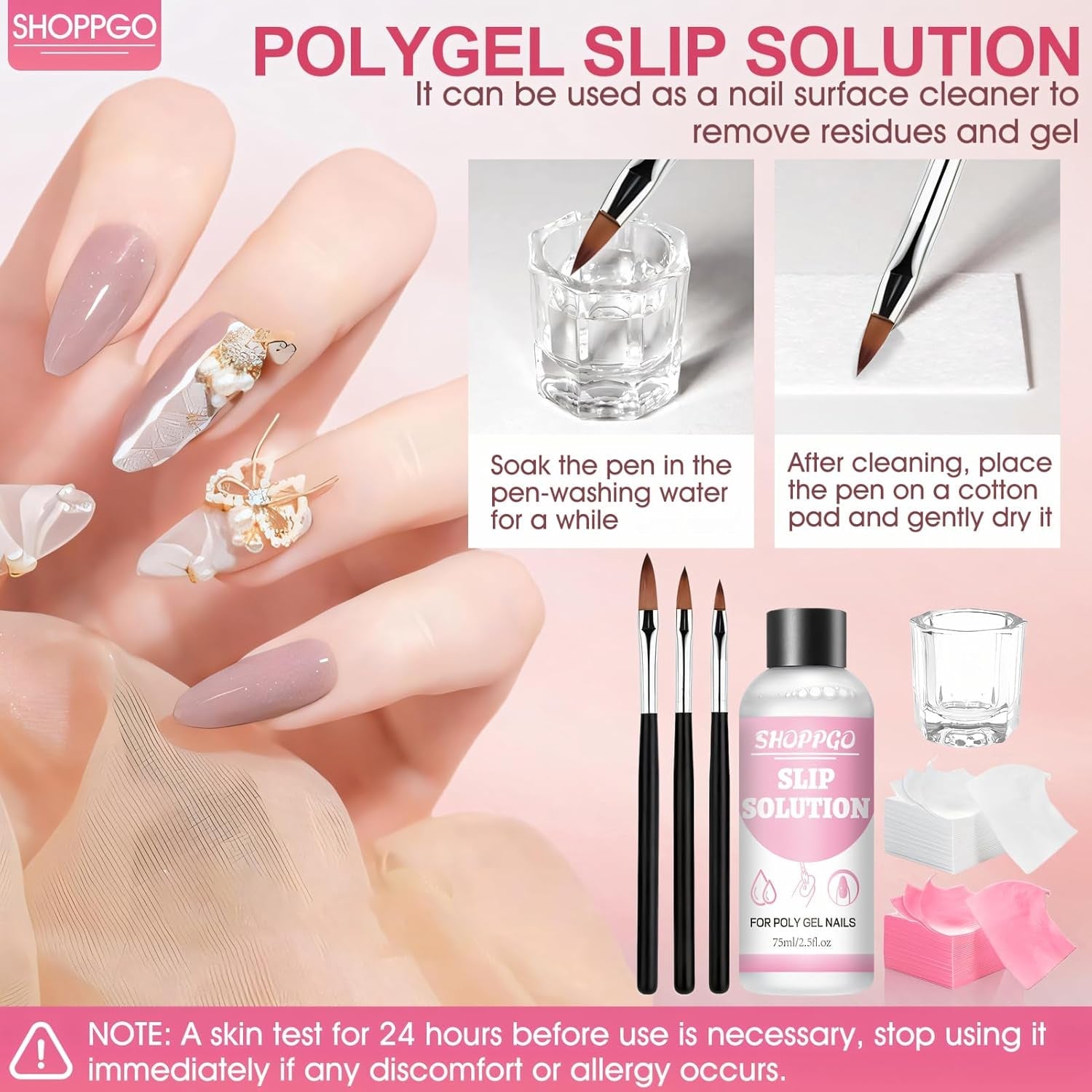 Polygel Straightening Solution, Polygel Slip Solution Nail Kit, Straightening Solution 75 ml, Innehåller 5 Nagelspetsklämmor, 3 Nagelborstar, 1 Crystal Cup, 100 rengöringsark