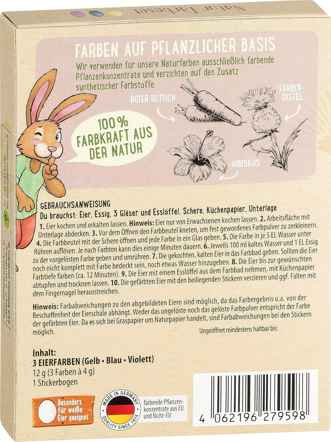Heitmann Egg Dye Natural Dye Set, 3 Egg Dye Pulver (gult, lila, gråblått), Gräspapper klistermärke