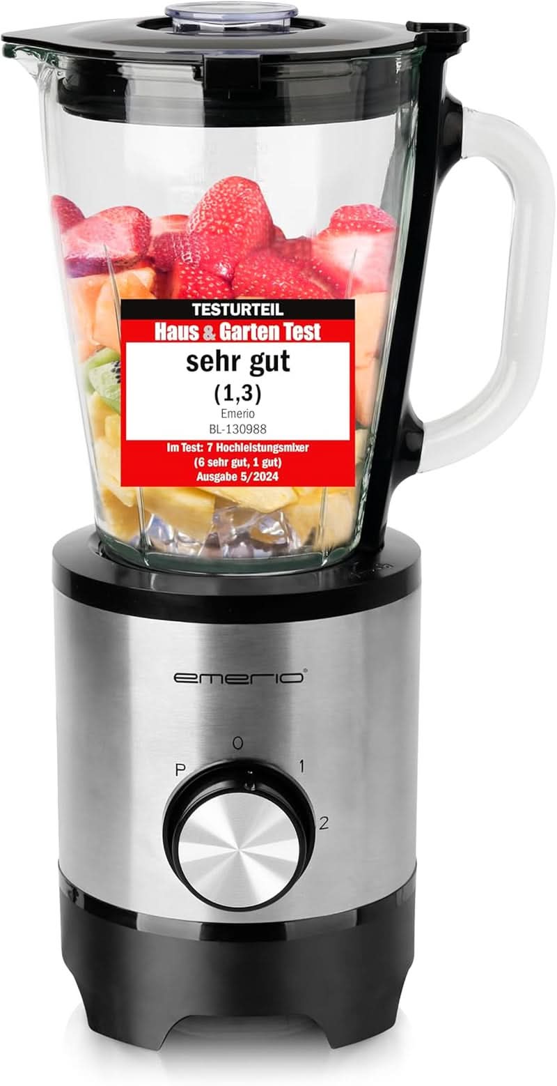 Emerio Standmixer BPA Frei Crush Ice Funktion 1.5L Behåller 2 Geschwindigkeiten + Pulse Funktion Messeinheit Aus Edelstahl Sicherheitsschalter Geschirrspülgeeignet 500 Watt BL-12816.8 Schwarz Bucatarie Naty Shop Silber