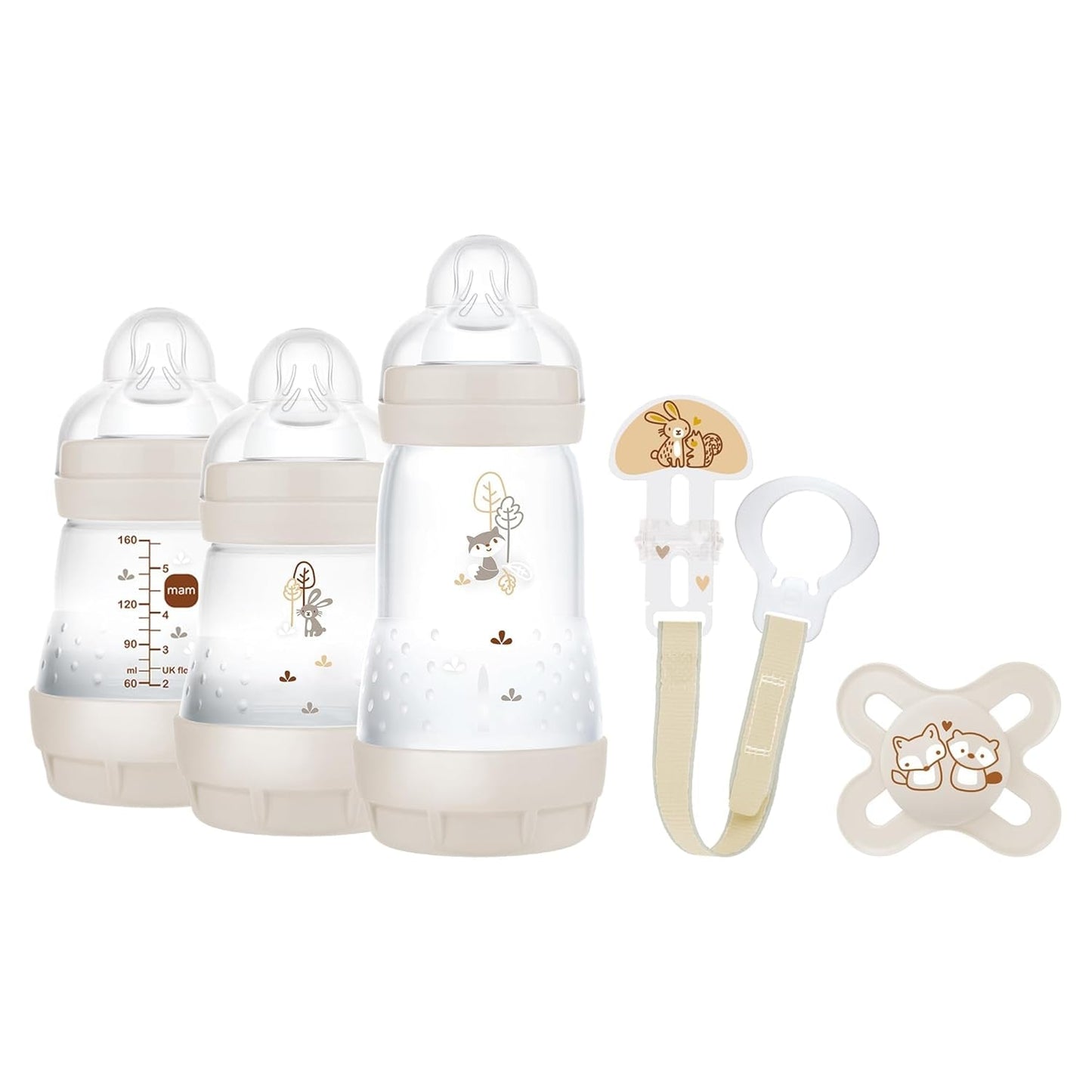 MAM Newborn-set, presentset, bestående av: 2 x Anti-kolik-flaskor 160 ml, 1 x Anti-kolik-flaska 260 ml, 1 x Original Start-napp, 1 x Brosch för napp, från 0 månader, Neutro
